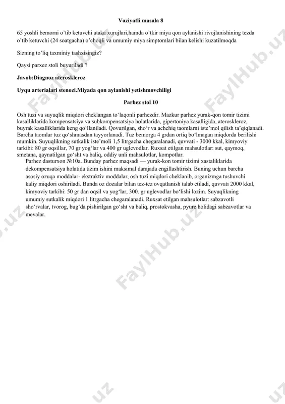 digan uglevodlar miqdorini cheklashdir. bu parhez qandli diabet, bo‘g‘im kasalliklari va ko‘plab allergik kasalliklarda belgilanadi. quvvati 2300 kkal ga teng bo‘lib, kimyoviy tarkibi quyidagicha: 120 gr dan oqsil va yog‘lar, 250 gr uglevodlar. ovqatlanish tez-tez takrorlanib, jismoniy yuklamalar iloji boricha cheklanishi kerak. minimal darajada uglevod tutuvchi mahsulotlar: tuxum, go‘sht, baliq, qatiq mahsulotlari, sabzavotlar (karam, sholg‘om), achchiq navli mevalar vaziyatli masala №6 bemor shikoyatlari: tez charchash,darmon qurishi,harorat,qaltirash,bosh og’rig’iva ko’ngil aynishi,ishtaxaning yo’qligi,bel sohasida simmilovchi og’riq,poliuriya ko’zdan kechirilganda:bemor ozib ketgan,terining quruqligi, labaratoriyada kam qonlik leykosituriya,siydik nisbiy zichligini pastligi savol: 1. bemorda kasallik kechmoqda? javob:surunkali piyelonefrit parxez stol -7 parhez № 7a. ushbu parhez maqsadi – buyraklarni maksimal darajada asrash, siydik ajralishini oshirish, oqsil almashinuvini pasaytirishdan iborat. bu maqsadlarga ovqat tarkibida oqsillar miqdorini cheklash va osh tuzini minimal mikdorda qabul qilish (sutkasiga 0.5 gr) orqali erishiladi. ruxsat etilgan mahsulotlar: sut, tuzlanmagan sariyog‘, qaymoq, smetana, donli mahsulotlar va tuzsiz makaronlardan tayyorlangan taomlar, meva-sabzavotlar, shakar, tuzsiz …