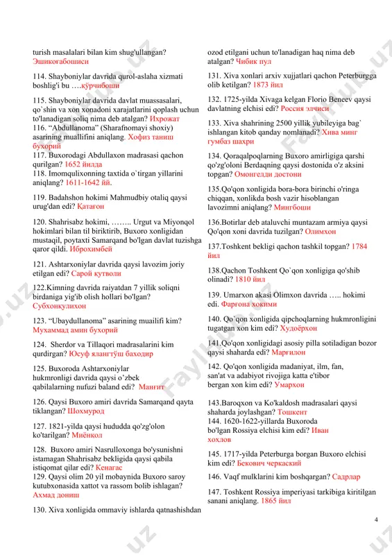 qobatda asosan ….. vositachihk rolin o'ynar edi. суғдийлар 62.qaysi davlat urug-aymoqchilik udumlariga asoslangan harbiy-ma`muriy boshqaruvga asoslangan edi? турк хоқонлиги 63. turk xoqonligida o'n ming qo'shin qo'mondoni, harbiy bo'linmaning boshlig`i ….. deb yuritilgan? шоод 64. g'arbiy turk xoqonligining asosiy aholisi ….. bo'lgan. ўтроқ дехқон 65.qaysi turk xoqoni davrida boshqaruv tartiblari isloh qilindi? тўн ябғу (618-630) 66. farg'ona hukmdorlari …… deb atalgan? ихшид 67. rabod bu …шахарнинг ташқи қисми 68.so'g'd va xorazm yozuvlari …… asosida vujudga kelgan? оромий 69.toxariston aholisi qaysi dinga sig`inishgan? буддавийлик 70. ko'k turk bitigi nechta harfdan iborat edi? 38-40 та 71. muqanna qozg`oloni bo`lib o'tgan yillarni aniqlang? 769-783 йй. 72.qaysi qo'zg'olon rahbari mazdak g`oyalariga asoslangan ijtimoiy tenglik va erkin hayotga da'vat etuvchi ta'limotni targ`ib etgan? муқаннна бошлиқ оқ кийимлилар қўзғолони 73.rofe ibn lays qo`zg`oloni qachon va qayerda bo`lib o'tdi? 806 йил самарқандда 74. o`g`uzlarning poytaxti yangikent qayerda joyiashgan edi? сирдарё қуйи оқимида 75. qarluqlar davlatida podsholar …. deb …