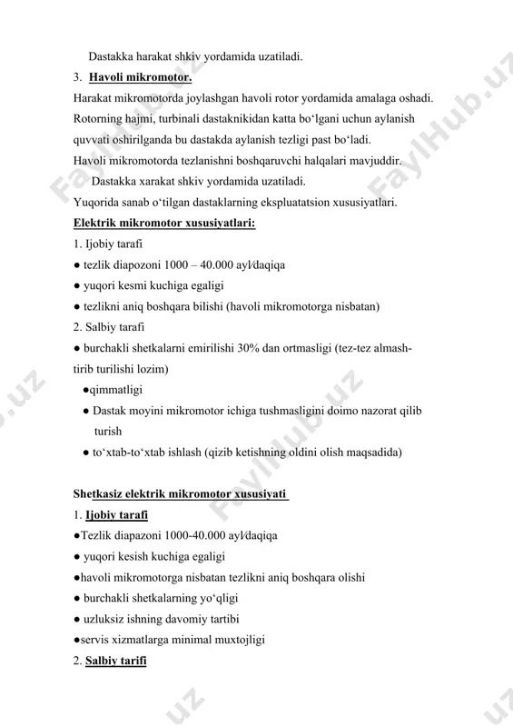 elektrik element (1) bo‘lib, unga o‘zgaruvchan tok (2) ulanadi. kristall bo‘ylama hajmini (3) o‘zgartiradi, dastak (4) yuqori chastotada bo‘ylama xarakatlarni amalga oshiradi. bunda dastak uchi (5) ning tebranishi bir yuzada amalga shadi. tebranish chastotasi – 35.000 gs gacha. skalerlar dastaga o‘rnatiladigan va avtonom skalerlar farqlanadi. soda yordamida «oqartirish»da foydalaniladigan dastaklar. bu dastak turlari tish emalini oqartirmaydi, balki emalni tabiiy ranga etkazish uchun foydalaniladi. tish karashlarini olish uchun qo‘llaniladigan skalerlardan tashqari, soda asosidagi poroshokdan foydalaniladi. oqartirish asoslangan: soda va havo oqimini suv bosimi ostida yuborilishiga. bu usul uchun foydalaniladigan dastak turlari: 1. dastaga o‘rnatiladigan, soda oqimi yordamida oqartiruvchi dastak. 2. skalerlar yordamida oqartirish uchun qo‘llaniladigan avtonom dastaklar. vizual tashxislashda qo‘llaniladigan dastaklar. bu dastaklar tekshirish jarayonida foydalaniladi. yoritish tashqaridan (yuzani tekshirish), shuningdek ichkaridan (tish to‘kimalarini yoritish maqsadida) amalga oshiriladi. burchakli dastak – ular ikki xil bo‘ladi bosh ishchi qismi maxkamlangan hamda aylanma boshchali. bosh ishchi qismi dastak yordamida tishsimon birlashma bilan birikadi, …