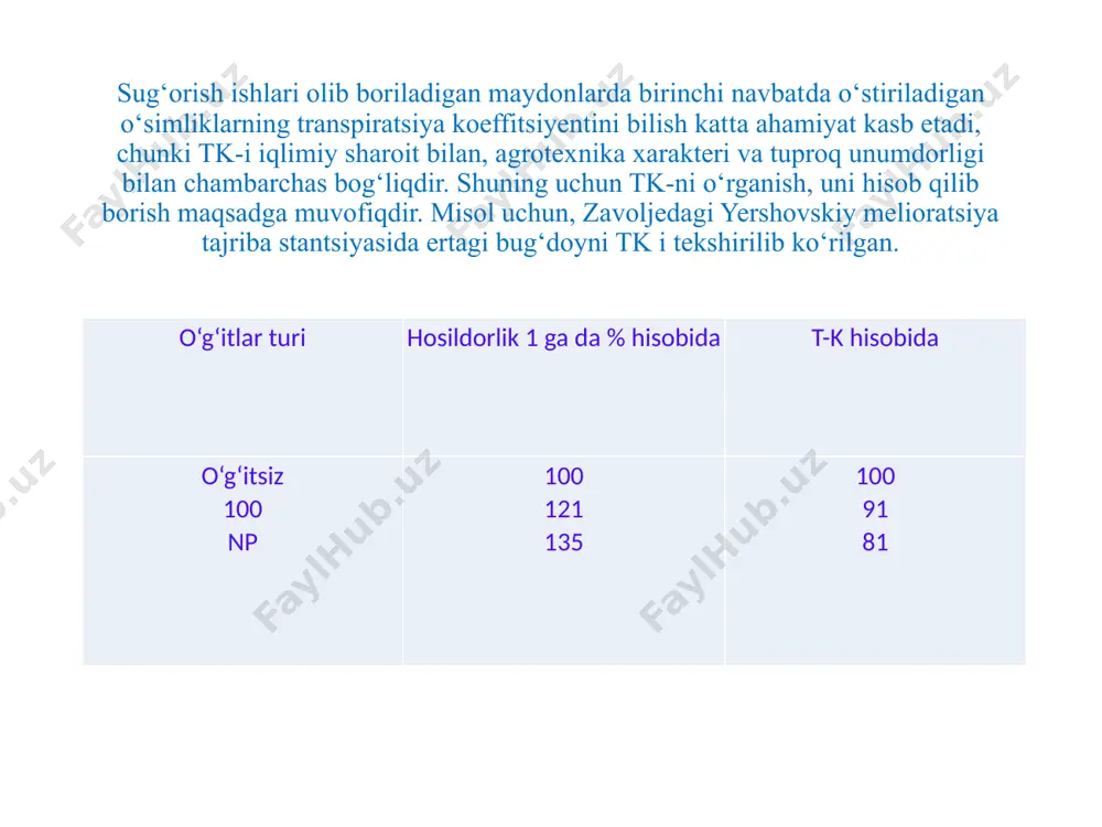 iqdorda har xil zarralarni olib keladi. bu zarralar (loyqalar) o‘z o‘rnida sug‘oriladigan yerlar uchun juda katta ahamiyatga ega, chunki bu zarralar tarkibida ko‘p miqdorda ozuqa elementlari bo‘ladi. lekin shuni ham aytib o‘tish kerakki, daryo suvlari oqizib keladigan loyqalarning hammasi ham tuproqlar uchun katta ahamiyat kasb etavermaydi. masalan, diametri 10 mm dan katta zarralar kanallarda tez ushlanib qoladi, diametri 10 dan 0,005 mm bo‘lganlari tuproqning fizik xossalarini yaxshilashi mumkin, lekin bularning tarkibida ozuqa elementlari ham bo‘ladi, tuproq unum¬dorligi uchun juda ham ahamiyatli, lekin shuni esdan chiqarmaslik kerakki, bu kattalikdagi zarrachalar miqdori nihoyatda ko‘payib ketsa, tuproqlarni fi¬zik xossalari yomonlashib, suv o‘tkazuvchanligi pasayadi, bu esa o‘z-o‘zidan tuproq aeratsiyasini yomonlashtiradi, shuning uchun sug‘oriladigan tuproqlarga o‘z vaqtida ishlov berish, uni har xil zararli hodisalardan saqlash lozim. daryo suvlarida oqib keladigan zarralarning mexanik tarkibi davrlarida bir xilda bo‘lmasdan o‘zgarib turadi. masalan, diametri 0,1-1,0 mm bo‘lgan zarralar amudaryoda 9 dan 91%, sirdaryoda 12 dan 86%, volgada 10 …