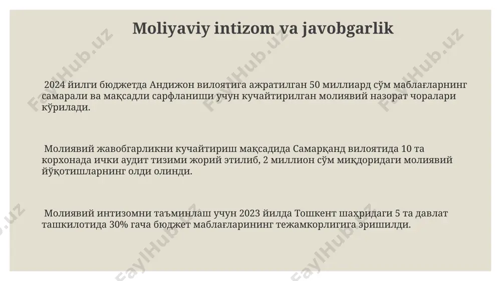 d pul operatsiyalari hisobi bo‘yicha 5-sonli hisobot shakli, viloyatlararo mablag‘ o‘tkazmalarini hisobga olgan holda, har oyning 10-kunigacha taqdim etilishi kerak. qoraqalpog‘iston respublikasida amalga oshirilayotgan naqd pul operatsiyalarining 30% dan ortig‘i elektron to‘lov tizimlari orqali amalga oshirilib, bu byudjetning shaffofligini oshirishga yordam beradi. byudjet mablag'laridan foydalanish samaradorligi 2022-yilda samarqand viloyatining byudjet tashkilotlarida 15% ga pul mablag'laridan foydalanish samaradorligi oshgan bo'lib, bu asosan xarajatlarni optimallashtirish va elektron hisob-kitoblarni joriy etish hisobiga erishildi. farg'ona viloyati sog'liqni saqlash tizimida byudjet mablag'larining 5% dan kamrog'i texnik jihozlarni modernizatsiya qilishga yo'naltirilgan bo'lib, bu samaradorlikni sezilarli darajada oshirish imkoniyatlarini cheklaydi. toshkent shahridagi ta'lim muassasalarida byudjet mablag'larining 80% dan ortig'i maqsadli ravishda ishlatilgan, ammo qolgan 20% samaradorlikni oshirish uchun qayta taqsimlashni talab etadi. naqd pul operatsiyalari hisobotlarini tuzish нақд пул операциялари бўйича ҳисоботларни тузишда 2023 йил учун тошкент шаҳридаги бюджет ташкилотларида камида 5 та турдаги ҳисобот шаклларидан фойдаланилади. нақд пул операцияларини ҳисобга олишда 1000 сўмдан ортиқ бўлган ҳар …