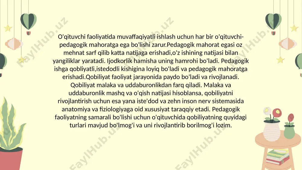 bchanligi va boshqalarga) o'quvchilarga ta'lim tarbiya berish mas'uliyatini his etishga ham bog'liqdir. 7. kelajakni ko'ra bilish qobiliyati - o'z harakatlarining oqibatini ko'ra bilish, o'quvchining kelajakda qanday odam bo'lishini tasavvur qilish.bolani kelgusida qanday qobiliyatlarini rivojlantirsa, qanday kasb egasi bo'lib chiqishi oldinda bashorat qilib aytishda ( pedagogik diagnostika ) 8. diqqatning taqsimlay olish qobiliati - o'qituvchi uchun diqqatning barcha xususiyatlari- hajmi, kuchi, ko'chuvchanligi, iroda qila olishi, safarbarli taraqqiy etgan bo'lishi bo'lishi juda muhimdir. 9. kommunikativ qobiliyat - kishilar bilan bo'ladigan munosabatni yaxshilaydigan, bir - biri bilan til topib ishlashni ta'minlaydigan qobiliyat. bundan tashqari konstruktiv - o'qituvchining o'z ishini loyihalashi rejalashtirishi pertseptiv -idrok jarayonining obyektlarini birinchi bo'lib bilib olish va uni xotira obrazlari bilan solishtirish, empatiya va boshqa kishilarning psixik holatlarini tushunish va ularga hamdardlik qilish, didaktik qobiliyat- o'quvchi va boshqa kishilar bilan muloqot qilishda pedagogikaning qonun-qoidalariga amal qilish kabi qobiliyatlar ham mavjud. thank you for your attention image1.png image2.png image3.png image4.png image5.png …