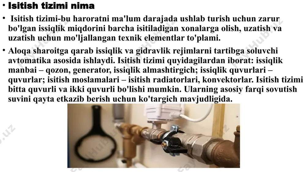 ncha turli xil tartiblarga ega va ularda vertikal isitish o'rnatilmaydi. rad etishning yana bir sababi shundaki, siz individual hisoblagichni o'rnatolmaysiz. bundan tashqari, vertikal tizimlarda ko'targich quvurlari kvartirada ishlaydi. ular ichki makonni buzadi va mebelni o'rnatishga xalaqit beradi. shuning uchun, endi zinapoyalarda ko'targichlar bilan ikki quvurli gorizontal isitish tizimlari qo'llaniladi. ulardan har bir kvartira uchun alohida-alohida issiqlik quvurini ulash amalga oshiriladi. isitish tizimlari uch turga bo'linadi: markazlashtirilgan; avtonom; individual. shaharning ko'p qavatli binolarining aksariyati markazlashtirilgan isitishga ulangan, chunki ishlab chiquvchilar uchun ularni issiqlik liniyasiga olib borish qiyin emas. infratuzilmasi kam rivojlangan hududdagi baland binolar ko'pincha individual isitish yoki avtonom tizim bilan jihozlangan. buning sababi shundaki, issiqlik liniyasi uydan uzoqda bo'lishi mumkin. shuning uchun gazni etkazib berish va kvartiralarni individual qozonxonalar bilan jihozlash yoki avtonom qozonxonani o'rnatish osonroq. balandligi o'n qavatgacha bo'lgan uylarda kvartirada individual isitish individual gaz isitishni o'rnatish mumkin. kvartiralarning har biri alohida qozon bilan jihozlangan va aholining o'zlari tizimning …