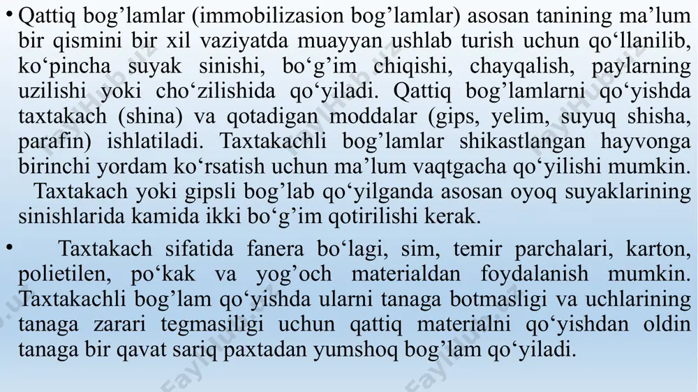 g chuqur idishga xona xaroratidan past bo‘lmagan xaroratdagisuv olinib, gipsli bint solinadi va to bintdagi havo pufakchalari chiqib ketmaguncha. so‘ngra gipsli bint olinib suvsizlantiriladi. shundan so‘ng gipsli bint singan suyak ustidan pstdan yoki yuqori tomondan burash usulida qo‘yilib boriladi. xirurgiyada kichik hayvonlarga 4-5 qavatli va katta hayvonlarga 10-15 qavatli gipsli bint o‘raladi. veterinariya amaliyotida gipsli bog’lamlarni qo‘yishning quyidagi usullari mavjud. yopiq, derazachali, ko‘priksimon, tabaqali. bular to‘qimalarning shikastlanishiga qarab qo‘yiladi. qotish jarayoni 5-10 minutdan keyin boshlanadi, 1-2 soatdan keyintqotadi va 24 soatdan keyin butunlay qotadi. gipsli bog’lam katta hayvonlarda 5-6 hafta, maydalarida 3-4 haftadan keyin yechib olinadi. bosh suyagi (cranium) – umurtqa pog’onasining old tomonida bo‘lib, unda eng muhim organlar, bosh miya, sezgi (eshitish, ko‘rish va hid bilish) organlari joylashgan. ovqat hazm qilish, nafas olish sistemasining boshlanish qismi ham bosh suyagida bo‘ladi. bosh skeleti bir-biriga nisbatan zich joylashgan yassi juft va toq suyaklardan, kovaklardan, qon tomir va nervlar o‘tadigan teshiklardan iborat. …