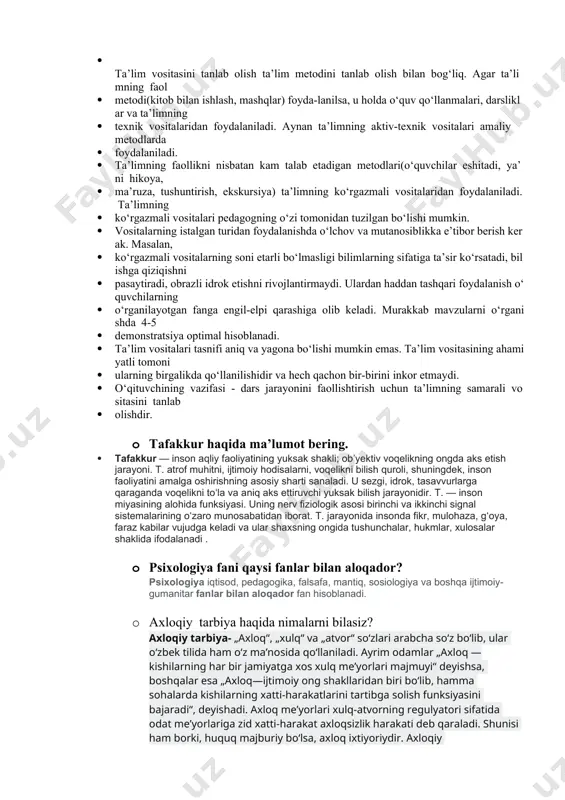 iy ravishda qo‘laniladigan ta’lim vositalariga darslik, rasmlar, jadvallar, nutq, o‘ quv- · ustaxonasi jihozlari, laboratoriyalar, axborot vositalari, o‘quv jarayonini tashkil eti shva boshqarish · vositalari kiradi. · didaktik vositalar metodlar singari ta’limiy, tarbiyaviy va rivojlantiruvchi funktsiyalarni bajaradi. · bundan tashqari o‘quvchilarning o‘quv-bilish faoliyatini hosil qilish, boshqarish va nazorat qilish · vazifalarini bajaradi. · didaktik vositalar audivizuallik tafsilotida motivatsion, axborot, ta’lim jarayonini boshqarish, · optimallashtirish funktsiyalarini bajaradi. · fanni o‘qitish bilan bog‘liq holda ta’lim vositasi tanlanadi. o‘qituvchi o‘zining ixtiyori bo‘yicha · ko‘rgazmali material, o‘quv qo‘llanmadan foydalanishi mumkin. ta’lim vositasini qo‘llashning yana bir · jihati albatta ta’lim jarayonining tarkibiy qismi sifatida aks ettirishidir. · · · ta’lim vositasini tanlab olish ta’lim metodini tanlab olish bilan bog‘liq. agar ta’limning faol · metodi(kitob bilan ishlash, mashqlar) foyda-lanilsa, u holda o‘quv qo‘llanmalari, darsliklar va ta’limning · texnik vositalaridan foydalaniladi. aynan ta’limning aktiv-texnik vositalari amaliy metodlarda · foydalaniladi. · ta’limning faollikni nisbatan kam talab etadigan metodlari(o‘quvchilar …