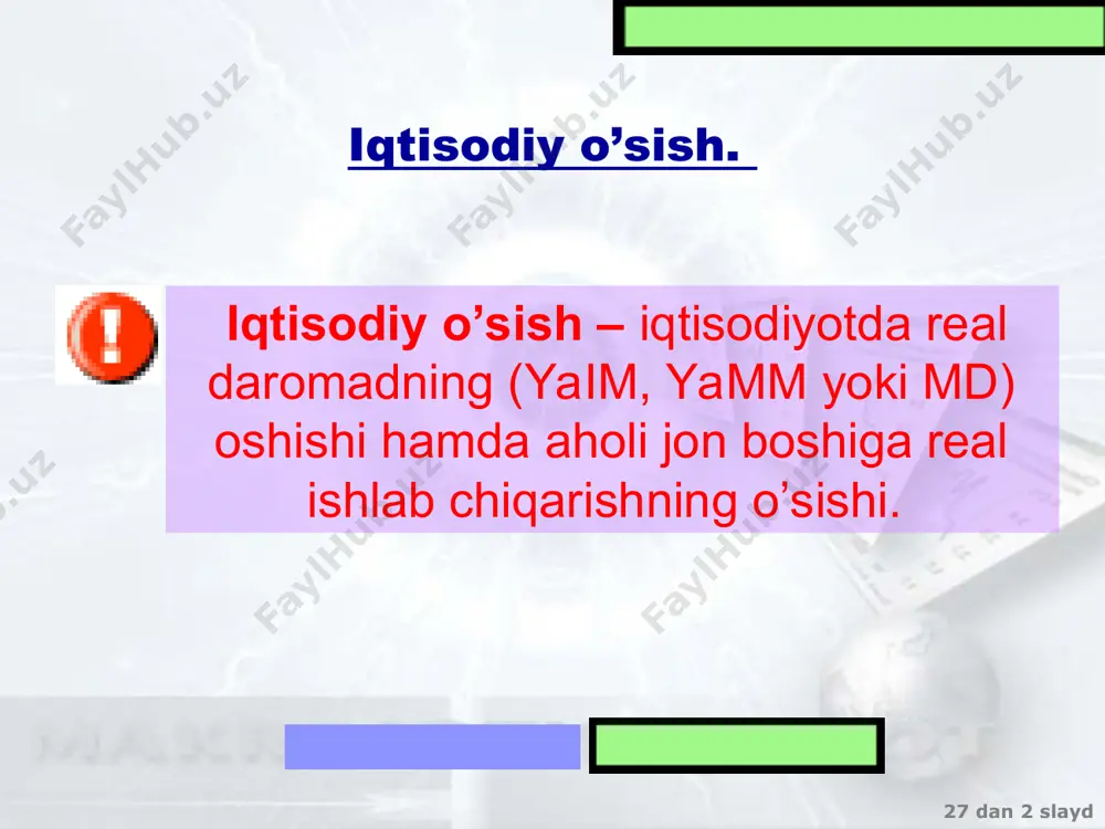 i o’sish va turmush darajasining o’sishi o’rtasidagi bog’liqlik aholi jon boshiga yammning o’sishi aholi jon boshiga milliy daromadning o’sishi turmush darajasining o’sishi 27 dan * slayd 12 mavzu. iqtisodiy o’sish 2001 y. dunyo mamlakatlaridagi iqtisodiy o’sishning o’rtacha ko’rsatkichlari 1 1 ma’lumotlar olingan manba: «sustainable development in a dynamic world ” world development report, 2003”, world bank 2 xaridorlik qobiliyat pariteti.. mamlakatlar guruhlari aholi jon boshiga yamm, $ xqp hisobi bilan aholi jon boshiga yamm , $ 2000-2001 yy. yaim o’rtacha yillik o’sishi, % past daromadli mamlakatlar 430 2040 2.4 o’rta daromadli mamlakatlar, shu jumladan: 1850 5710 1.7 o’rta darajadan past bo’lganlar 1240 5020 3.3 o’rta darajadan yuqori bo’lganlar 4460 8730 -0,5 yuqori daromadli mamlakatlar 26710 27680 0,6 dunyo bo’yicha o’rta hisobda 5140 7570 0,2 27 dan * slayd 12 mavzu. iqtisodiy o’sish iqtisodiy o’sish modellari neoklassik: neokeynsian : r.solou, y.mid, a.levis va boshq. r.solou modelida aholining turmush darajasida va uning …