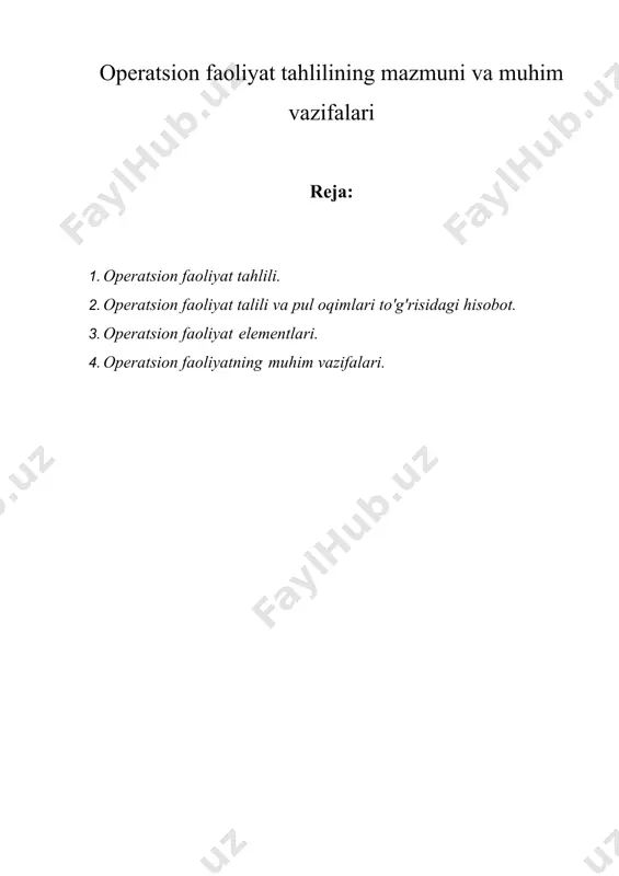 rilishi operatsion faoliyat hisoblanmaydi. operatsion faoliyat - bu o'z mahsulotini ishlab chiqarish va sotish, daromad olish bilan shug'ullanadigan kompaniyaning kundalik faoliyati, shuningdek umumiy ma'muriy va texnik xizmat. kompaniyaning moliyaviy hisobotida ko'rsatilgan operatsion daromad operatsion xarajatlarni operatsion daromadlardan ushlab qolgandan so'ng qolgan operatsion foyda hisoblanadi. odatda kompaniyaning pul oqimlari to'g'risidagi hisobotida operatsion faoliyat bo'limi mavjud bo'lib, unda kompaniyaning asosiy operatsion faoliyati natijasida kelib tushgan va chiqadigan pul mablag'lari ko'rsatilgan. agar noaniqlik bo'lsa, operatsion faoliyat moliyaviy hisobotlarda tasniflash yo'li bilan osonlikcha aniqlanishi mumkin. ko'pgina kompaniyalar operatsion daromadlar yoki operatsiyalardan olingan daromadlarni daromadlar to'g'risidagi hisobotda ma'lum bir qator sifatida qayd etishadi. operatsion daromadlar sotish xarajatlari (cogs), tadqiqot va tajriba-konstruktorlik (ilmiy-tadqiqot) xarajatlari sotish va sotish xarajatlari, umumiy va ma'muriy xarajatlar hamda amortizatsiya va amortizatsiya xarajatlarini olib tashlash yo'li bilan hisoblanadi. faoliyat daromadlari foizli daromad yoki xarajatlarni hisobga olmaydi. masalan, kiyim-kechak do'konining operatsion faoliyati quyidagilarni o'z ichiga olishi mumkin: ta'minlovchilardan materiallarni sotib olish va kiyim …