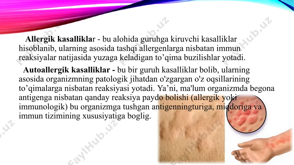 kimyoviy» bosqichi boshlanadi. sensibillangan organizmda allergen-antitana kompleksining hosil bo'lishi uning to'qima va suyuq to'qimalarida qator o'zgarishlami chaqiradi. umumlashtirib aytganda, allergik reaksiyalarning tezkor va kechiktirilgan turlarida (djil va kumbs tasnifiga ko'ra i, ii, iii va iv turlarda) hujayraviy va zardob proteolitik hamda lipolitik fermentlarining faollashishi, qon plazmasida oqsillarning fizik-kimyoviy o'zgarishlarining rivojlanishini chaqiruvchi, qon va to'qima hujayralari tomonidan gistamin, serotonin, geparin, prostaglandinlar va ular tarkibidagi boshqa birikmalar - allergiya mediatorlarining ajralishi, shuningdek, yangi, masalan, trombotsitlarni faollashtiruvchi, eozinofillarning xemotaksisiga faollashtiruvchi omillarning, tromboksanlar, leykotreinlar va h.k. hosil bo'lishi va ularning kuehayishiga bog'liq. sekin rivojlanuvchi allergik reaksiyalar (iv tur) vaqtida patokimyoviy bosqich sensibillangan limfotsitlar tomonidan limfokinlarning sintezi va ajralib chiqishi kuchayishi bilan xarakterlanadi. 3-bosqich. organizmning allergiyalanishida hosil bo'ladigan gumoral antitanalar va mononuklear-killerlar, spetsifik ravishda (ozod bo'lgan yoki hujayra hamda undan tashqari tuzilmalarda o'rnashib qolgan) antigen bilan o'zaro ta’sirlanib, bevosita yoki bilvosita (allergiyaning tegishli mediatorlari orqali) turli hujayraviy - to'qima elementlariga shikastlovchi ta’sir ko'rsatadi. tezkor allergik …