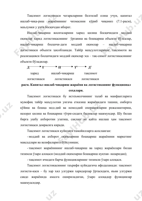 лади), балки фақат-гина чакана савдога, яъни истеъмолчиларга хизмат кўрсатишга, тегишли. тақсимот логистикасининг ўрганиш объекти – етказиб берувчидан истеъмолчи-гача бўлган харакат босқичидаги моддий оқимлардир. моддий оқим тақсимоти анчадан буён фаолиятининг ахамиятли томони бўлиб келмоқда эди, аммо нисбатан яқиндагина у энг мухим функциялардан бири мавқеига эга бўлди. ривожланган бозор иқтисодиётига эга давлатларда 50-60чи йилларгача тақ-симот тизимлари ҳеч қандай бошқарувсиз ривожланиб келди. тақсимот каналларини танлаш, товарларни қадоқлаш, уларни ташиш ва истеъмолчига етказишга тайёрлаш, ишлаб-чиқариш ва материалларни харид қилиш масалалари бир-бири билан ўзаро алоқада ечилар эди. биргаликда тақсимот функциясини ташкил этувчи айрим кичик-роқ функциялар, мустақил функциялар сифатида таърифланар эди. 60-70-йилларнинг бошларидагина, ишлаб чиқилган маҳсулот тақсимотига доир барча функцияларни ягона бошқариш функциясига бирлаштириш самарадорлигини оширишга олиб кели-шини англадилар. бунинг натижасида тақсимот функциялари корхона ва ташкилот-ларнинг функционал бошқаруви тузилмасига киритилди. савдодаги тақсимотнинг ҳар хил функциялари интеграциясига, дўконларни таъ-минловчи махсус тузилмаларни бўлиниши ва ривожланиши мисол бўлиши мумкин. ривожланган бозор иқтисодиётига эга мамлакатларда, 70-йилларда, бундай тақсимот тузилмаларини йирик …