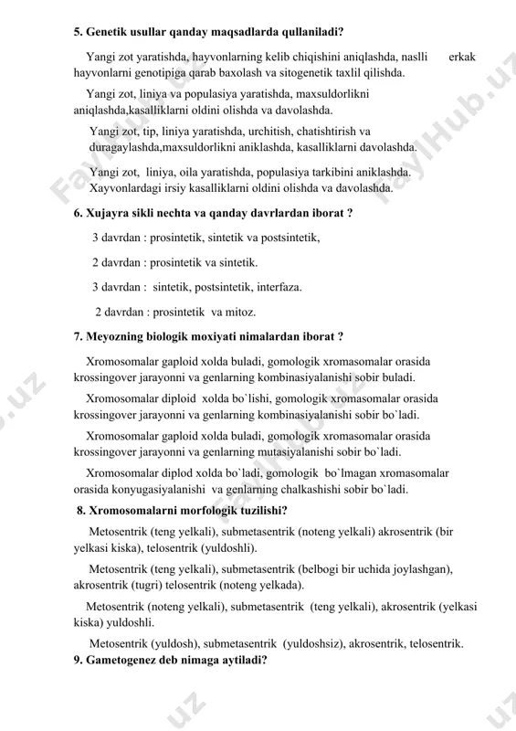 ng biologik moxiyati nimalardan iborat ? xromosomalar gaploid xolda buladi, gomologik xromasomalar orasida krossingover jarayonni va genlarning kombinasiyalanishi sobir buladi. xromosomalar diploid xolda bo`lishi, gomologik xromasomalar orasida krossingover jarayonni va genlarning kombinasiyalanishi sobir bo`ladi. xromosomalar gaploid xolda buladi, gomologik xromasomalar orasida krossingover jarayonni va genlarning mutasiyalanishi sobir bo`ladi. xromosomalar diplod xolda bo`ladi, gomologik bo`lmagan xromasomalar orasida konyugasiyalanishi va genlarning chalkashishi sobir bo`ladi. 8. xromosomalarni morfologik tuzilishi? metosentrik (teng yelkali), submetasentrik (noteng yelkali) akrosentrik (bir yelkasi kiska), telosentrik (yuldoshli). metosentrik (teng yelkali), submetasentrik (belbogi bir uchida joylashgan), akrosentrik (tugri) telosentrik (noteng yelkada). metosentrik (noteng yelkali), submetasentrik (teng yelkali), akrosentrik (yelkasi kiska) yuldoshli. metosentrik (yuldosh), submetasentrik (yuldoshsiz), akrosentrik, telosentrik. 9. gametogenez deb nimaga aytiladi? jinsiy xujayralarning yetilish jarayoniga gametogenez deyiladi. somatik xujayralarning yetilish jarayoniga gametogenez deyiladi. somatik xujayralarning usish jarayoniga gametogenez deyiladi. jinsiy xujayralarning usish jarayoniga gametogenez deyiladi. 10. belgilarning nasldan- naslga berilish qonuniyatlari qachon va kim tomonidan aniklangan? 1865 yilda g.mendel …