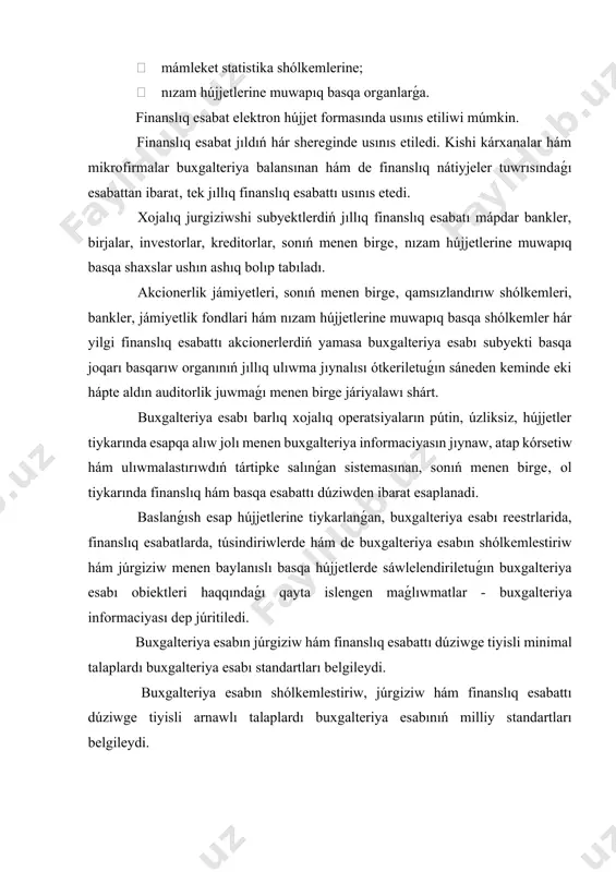 kli kapital, rezervler, dáramatlar, ǵárejetler, finanslıq nátiyjeler. xojalıq jurgiziwshi subyekti óziniń, pul aǵısları tuwrısındaǵı maǵlıwmatlarınan tısqarı, finanslıq esabatların buxgalteriya esabınıń esaplaw usılı tiykarında tayarlawı kerek. buxgalteriya esabınıń esaplaw usılı qollanılǵanda, xojalıq jurgiziwshi subyekt elementlardı aktivler, minnetlemeler, kapital, dáramatlar hám ǵárejetler (finanslıq esabatlar elementlerin) retinde tán aladı, qashanda olar konseptual tiykarda keltirilgen bul elementlerdiń tariyplerine hám tán alıw kriteryalarına tuwrı kelse. aktivler - subyekt qadaǵalaw etetuǵın, kelesinde olardan dáramat alıw maqsetinde aldınǵı iskerlik nátiyjesinde alınǵan ekonomikalıq resurslar bolıp tabıladı. aktivler - xojalıq subyektiniń baha bahosiga iye bolǵan materiallıq, sonday-aq, pul qarjları, depitorlik qarızları hám materiallıq emes múlki bolıp tabıladı. aktivlerde sáwlelendirilgen kelesi ekonomikalıq payda, xojalıq jurgiziwshi subyekttiń pul qarjları aǵımına potensial tikkeley hám tikkeley bolmaǵan qosılatuǵın úles bolıp tabıladı. bul úles xojalıq jurgiziwshi subyekt tiykarǵı iskerliginiń bir bólegi retinde júzege keliwi múmkin. xojalıq jurgiziwshi subyekttiń aktivleri aldınǵı pitimler hám basqa waqıyalardıń nátiyjesi bolıp tabıladı. xojalıq jurgiziwshi subyektlar ádetde aktivlerdi satıp alıp …