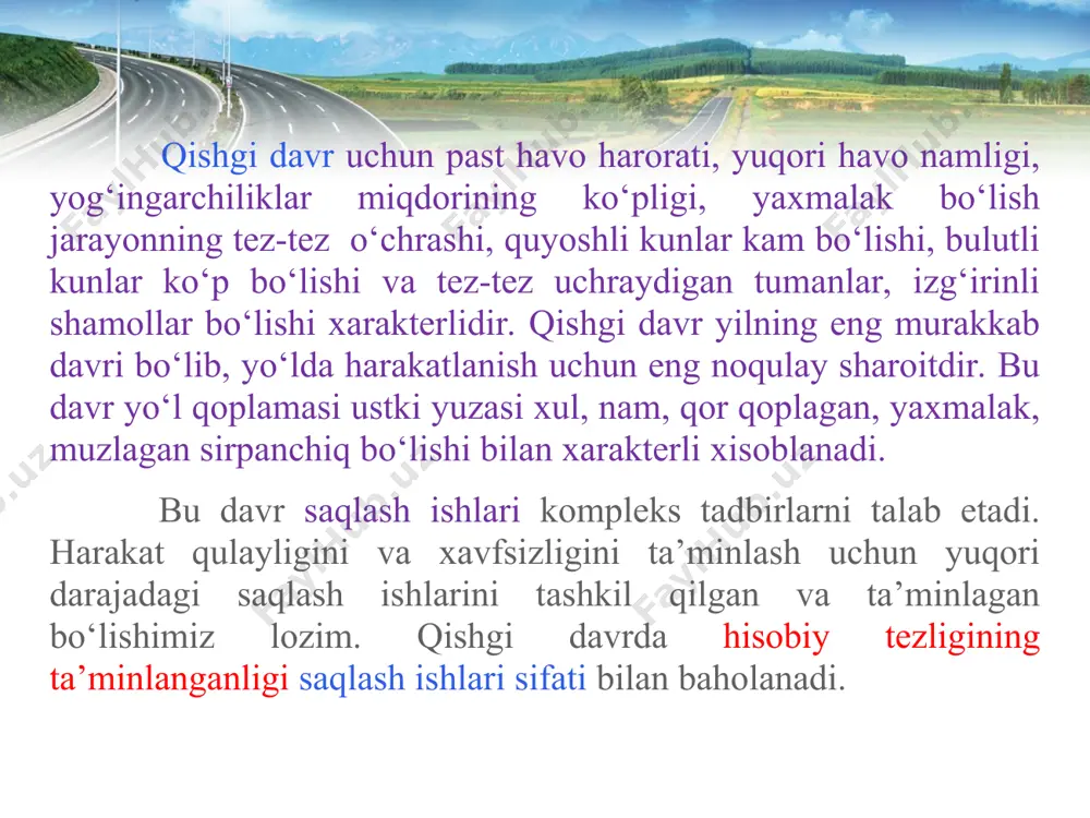 gan qor qalinligi 0,30 m gacha. -kuchaytirilgan qor tozalash (vallarni yuqotish, qor buron yotqiziqlarini tozalash va kichik qalinlikdagi qor uyumlarini tozalash, katta qalinlikdagi qor uyumlarini tozalash, qor kuchkilaridan tozalash.), qor tozalash tezligi 3-6 km/s, yig‘ishtirilayotgan qor qalinligi 0,30-1,0 m va undan katta. patrulli qor tozalashda mashinalar uzliksiz xarakatlanib, qordan yo‘lni to‘liq tozalamaguncha davom etadi. patrulli qor tozalashga qor yog‘ishi boshlangandan kirishiladi. qorni tez va zudlik bilan tozalash kerak. shunning uchun bu ishda faqat avtomobil qor tozalagichlardan foydalaniladi. -qor vallarini tozalashda rotorli qor tozalagichlar ishlatiladi. uning qor uloqtirgichi yordamida qor vallari yo‘ldan uzoqroqqa uloqtiriladi. bu ishda qisman avtogreyderlardan xam foydalanishimiz mumkin qaysiki qor valini bir yerga yig‘ishtirishda. -qor uyumlarini tozalashda qor tozalagich mashinalar kompleksidan foydalanamiz.