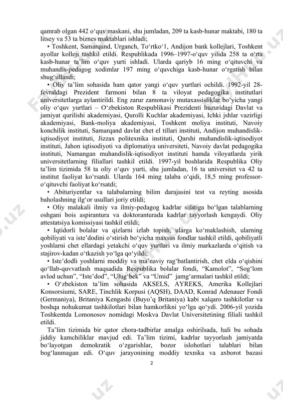 ojlandi. bolalarga chet el tillarini, xoreografiya, tasviriy va musiqa san’ati, kompyuter savodxonligi asoslarini o‘rgatuvchi 800 dan ortiq guruh tashkil etildi; • yangi tipdagi maktablar va umumta’lim o‘quv yurtlari tarmog‘i rivojlantirildi. 1992–1996-yillarda 238 ta litsey va 136 ta gimnaziya ochildi va faoliyat ko‘rsatdi; • “sog‘lom avlod uchun”, “iqtisodiy ta’lim”, “qishloq maktabi”, “rivojlanishda nuqsoni bo‘lgan bolalarni tiklash” va boshqa tarmoq dasturlari ishlab chiqildi hamda ta’lim sohasida tatbiq etila bordi; • mehnat bozorini, eng avvalo, qishloq joylarida mehnat bozorini shakllantirish-ning hududiy xususiyatlarini hisobga olgan holda hunar-texnika ta’limini qayta tashkil etish ishlari amalga oshirildi. bu tizimda jami 221 ming kishini ta’lim bilan qamrab olgan 442 o‘quv maskani, shu jumladan, 209 ta kasb-hunar maktabi, 180 ta litsey va 53 ta biznes maktablari ishladi; • toshkent, samarqand, urganch, to‘rtko‘1, andijon bank kollejlari, toshkent ayollar kolleji tashkil etildi. respublikada 1996–1997-o‘quv yilida 258 ta o‘rta kasb-hunar ta’lim o‘quv yurti ishladi. ularda qariyb 16 ming o‘qituvchi va muhandis-pedagog xodimlar …