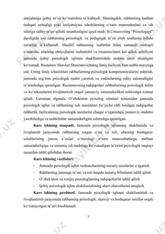 oladi. bu tushuncha nafaqat xodimlarning shaxsiy his-tuyg‘ulari, balki butun jamoaning ishga, rahbarga, bir-biriga bo‘lgan munosabati orqali namoyon bo‘ladi. bu iqlim bevosita jamoaning ish faoliyatiga, a’zolarning kayfiyati, motivatsiyasi, tashabbus ko‘rsatishi, nizolarga munosabati va korxona samaradorligiga ta’sir etadi. sog‘lom psixologik iqlim mavjud bo‘lgan jamoalarda xodimlar o‘zlarini qadrlangan, eshitilgan va himoyalangan his etishadi. bunday muhitda faoliyat yuritayotgan har bir inson o‘z fikrini erkin bildira oladi, o‘zini erkin tutadi va mehnatdan zavqlanadi. bu esa korxona va tashkilotlarda unumdorlikning oshishiga, stressning kamayishiga olib keladi. psixologik iqlimning birinchi muhim belgisi — bu jamoa a’zolari o‘rtasidagi ishonchli va samimiy muloqotdir. muloqot qanchalik ochiq va do‘stona bo‘lsa, xodimlar o‘rtasida shunchalik yaqinlik, jipslik va ruhiy uyg‘unlik shakllanadi. ishonchli muhitda har kim o‘z fikrini bemalol aytishi, o‘z g‘oyasini ilgari surishi mumkin. muloqotdagi samimiyat esa ijobiy his-tuyg‘ularni yuzaga keltirib, odamlar orasida yaqinlik va hurmat tuyg‘usini oshiradi. ikkinchi muhim belgi — bu jamoa ichidagi emosional barqarorlikdir. emosional barqarorlik deganda, jamoa a’zolarining hissiy …