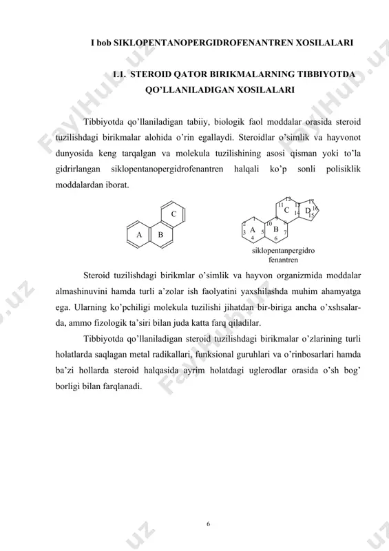hlar olib borishga hamda shu asosda kimyoviy tuzilishi jihatidan ularga o’xshash yangi biologik faol moddalarni yaratishga jalb qildi. ayniqsa, 1932-yilga kelib viland va vindaus xolesterinning kimyoviy tuzilishini aniqlashgandan so’ng, steroidlarni har tamonlama mukammal o’rganish yanada rivojlandi. hozirgacha ma’lum bo’lgan ko’p sonli steroid birikmalar, ularning tibbiyotda uchrashi, fizologik ta’sir xarakteri va kimyoviy tuzilishiga qarab quyidagi guruhlarga bo’linadi: - sterinlar va ularga yaqin bo’lgan d-guruh vitaminlar; - o’t kislotalar - steroid tuzilishdagi garmonlar (estrogen, androgen, gestagenjinsiy garmonlar, kortekosteroidlar yoki buyrak usti bezi garmonlari); - yurak glikozidlari va saponinlar; - cho’l baqa zahiralari; - steroid tuzilishdagi alkaloidlar. steroidlar a/b; b/c; va c/d halqalarning umumiy uglerod atomlaridagi yoki o’rinbosarlar tasavvurdagi halqa tekisligiga nisbatan, dekalinlardagi kabi tsis va trans kofiguratsiyada bo’lishi mumkin: tsis-dekalin trans-dekalin tabiatdagi steroid birikmalar aksaryatining biosintezi ancha mustahkam trans - konifiguratsiya holatida bo’ladi. ammo ba’zi tabiiy steroidlar tsis - konfiguratsiya holatida ham uchraydi. tabiiy steroidlarda b/c halqalar hamma vaqt, c/d halqalar esa …