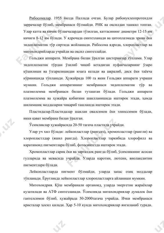 протеаза, рнказа, днказа ферментлари учрайди ва ёғ синтезида иштирок этади. микронайчалар. цитоплазманинг ташқи тахламида найчасимон органоид. узунлиги 20-30 нм, қалинлиги 5-10 нм. мембранаси йўқ, глобуляр оксил трубасидан ташкил топган, цитоскелетни ҳосил қилади ва цитоплазма ҳаракатини амалга оширади. вакуола. ўсимлик ҳужайраси учун ҳарактерли органоид. унинг мембранаси тонопласт дейилади, ички суюклик ҳужайра ширасиданиборат. ширанинг 96-98%ни сув ташкил этади, колгани органик кислоталар, оксиллар, аминокислота, углеводлар, алколоидлар, тузлар, ошловчи моддалар ва пигментлар. вакуола эндоплазматик тўр пуфакчаларининг қўшилишидан ҳосил бўлади. вакуола ҳужайранинг осматик хусусиятини белгилайди, бу эса ҳужайрани сўриш кучи, тургор босими ва сув режимини белгилайди. ядро. ирсий белгини сақловчи органоид кўриниши думалок, овал ёки ипсимон бўлади. кўпинча битта, баъзан кўп миқдорда бўлади. ядро икки қават мембрана билан ўралган, 1-6 ядрочаси бўлади. унинг таркиби 80% оксил ва 15-16% рнкдан иборат. ядрога рнкни тақсимланишида иштирок этади. ядро ядро шираси-нуклеоплазма билан тўлдирилган бўлади, унинг таркиби асосан оксиллар 74%, днк 14% ва рнк 12% дан иборат, бундан ташқари …