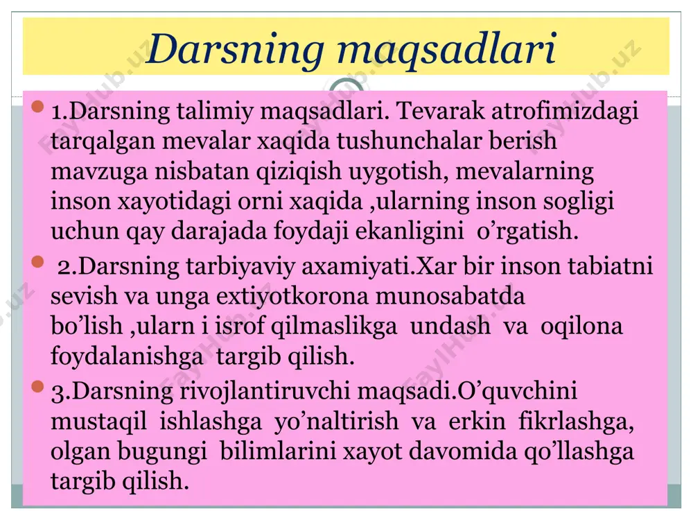 . 5. qip – qizilu, anorrmas , cho‘g‘ga o‘xshar, yonolmas, mo‘ralaydi egatdan, joy oladi savatdan 2. cheti gulli, patir non, ichi to‘la g‘ij –-g‘ij don 6. dum – dumaloq jajji oy , chaqib yesang, g‘ij -g‘ij moy. 4. yashil gumbaz ichida. qip - qizil xona bir xil libos , teng bo‘yli. ming bir dugona 3. bir nechtadan ko‘zi bor, olma kabi yuzi bor. 7. o‘zi pillaga o‘xshar, ichi tillaga o‘xshar. meva hosil bo‘lishi meva gulda qo'sh urug'lanish jarayonidan keyin uning o'zgarishidan kelib chiqadi. meva urug`chi tugunchasidan hosil bo‘ ladi.meva hosil bo‘lishida urug‘chidan tashqari gulning boshqa qismlari ham ishtirok etadi. meva shartli ravishda uch qavatga ajratiladi: ichki endokarp, o'rta mezokarp va tashqi еkzokarp. urug` 1.endosperm 2. murtak 3.qobiq danak perikarp endokarp mezokarp ekzokarp 1po‘sti 2meva eti 3.danagi 4.urug‘i. c 1po‘sti 2meva eti 3.danagi 4.urug‘i. meva hosil bo‘lishi meva bitta urug'chidan hosil bo'isa oddiy meva deyiladi. 4.urug‘i. changchi ko‘p urug‘kurtakli gul tumshuqcha …