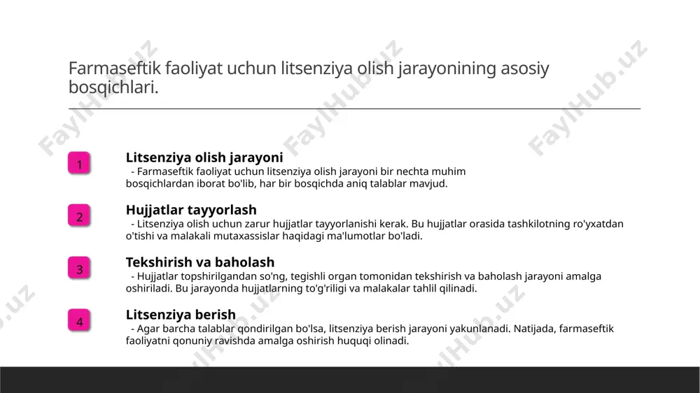 isollar va tajribalar o'rganilishi muhimdir. o'zbekistondagi farmatsevtika sohasining rivojlanishi va muhim qonunchilik asoslari. o'zbekiston farmatsevtikasi qonunchilik asoslari rivojlanish tendensiyalari o'zbekistonda farmatsevtika sohasining rivojlanishi 1990-yillarda boshlangan bo'lib, sog'liqni saqlash tizimida muhim o'zgarishlarni keltirib chiqardi. farmasevtika sohasida litsenziya olish uchun o'zbekistonda "farmatsevtika faoliyati to'g'risida"gi qonun va boshqa normativ hujjatlar muhim ahamiyatga ega. o'zbekistonda farmatsevtika sanoati eksportga yo'naltirilayotgan innovatsion mahsulotlar yaratishga qaratilgan rivojlanish tendensiyalariga ega, bu esa bozorda raqobatni oshiradi. farmasevtika faoliyatida nazorat mexanizmlarining roli va ahamiyati. 1 nazorat mexanizmlari farmasevtika faoliyatida nazorat mexanizmlari, sifat va xavfsizlikni ta'minlash maqsadida, qonuniy talablarni bajarishni nazorat qilishda muhim rol o'ynaydi. 2 qonuniy asoslar o'zbekistonda farmasevtika sohasidagi nazorat mexanizmlari, davlat qonunlari va me'yoriy hujjatlar orqali belgilangan, bu esa faoliyatni tartibga soladi. 3 amalga oshirish nazorat mexanizmlari, farmasevtika faoliyatining samaradorligini oshirish va noqonuniy faoliyatni oldini olish uchun muntazam ravishda amalga oshiriladi, bu esa sanoatga ishonchni kuchaytiradi. o'zbekistondagi farmatsevtika litsenziyasi jarayonlari: amaliy misollar va tajribalar. 01 amaliy misollar o'zbekistonda …