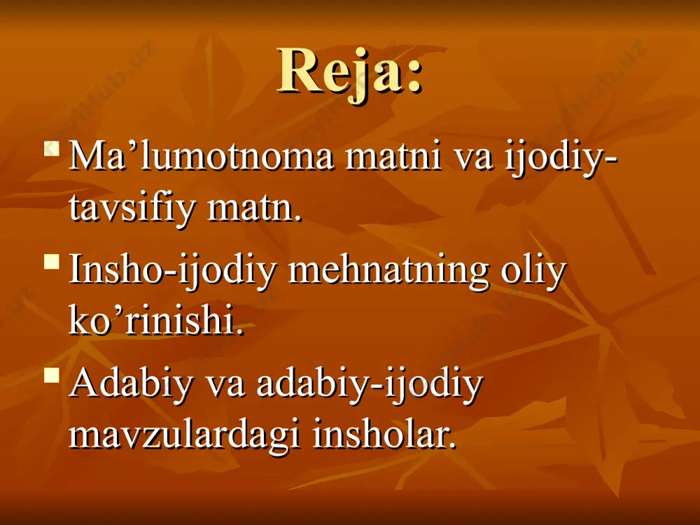 i. didaktik maqsadlarga ko’ra insholar ikki xil bo’ladi: a) ta’limiy insholar; b) sinov insholari. ta’limiy insholar sinfda yoki uyda o’quvchi tomonidan yozilib,ijodiy fikr yuritishga,mavzuni to’g’ri bayon qilishga qaratiladi. sinov insholari o’rganilgan mavzularga oid bilimlarni,insho yozish ko’nikma va malakalarni sinash uchun yirik mavzular tugaganidan so’ng,choraklar yoki o’quv yili oxirida o’tkaziladi. insho arabcha so’z bo’lib, “yaratish”,”bino qilish”,”qurish” ma’nosini beradi.hozirgi tilimizda bu so’zning ma’nosi ancha torayib,asosan, o’quvchi va talabalar tomonidan yoziladigan “ijodiy yozma ish” ma’nosida qo’llaniladi. insho mazmun-mohiyatiga ko’ra 3 turli bo’ladi: 1 adabiy mavzudagi insholar. 2 adabiy-ijodiy mavzudagi insholar. 3 erkin mavzudagi insholar. adabiy mavzudagi insholarga adabiyot darsligida qayd qilingan,o’qituvchi tomonidan tushintirilgan mavzular asosida yoziladigan insholar kiradi. adabiy-ijodiy mavzulardagi insholarga adabiyot darslarida o’tilgan ma’lumotlarga o’quvchinig shaxsiy fikrlari qo’shib ifodalanadigan insholar kiradi. erkin mavzulardagi insholar adabiyot fani dasturida qayd etilmagan mavzularda yoziladi.boshqacha aytganda,o’quvchining ma’lum bir mavzuga oid bilimlari,axloqiy-tarbiyaviy,ijtimoiy-siyosiy dunyoqarashi,fikr va mulohazalarini aks ettiruvchi insholar erkin mavzudagi insholardir. muayyan badiiy asar yoki undagi qahramonlar …