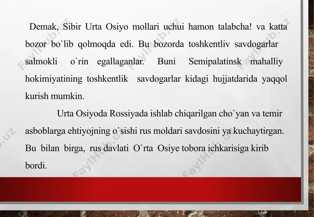 rvonlari nomi bilan berilgan bo`lsa kerak. ma`lumotda sibir liniyalariga kelgan karvonlarning joylari ko`rsatilgan. ammo bu sibir faqat shu joylar bilan savdo olib borgan degan gap emas, albatta. chunki karvonlarda buxoro, toshkent, farg`ona vodiysi va ko`chmanchilarning xilma-xil mollari bo`lardi. image3.jpg /docprops/thumbnail.jpeg