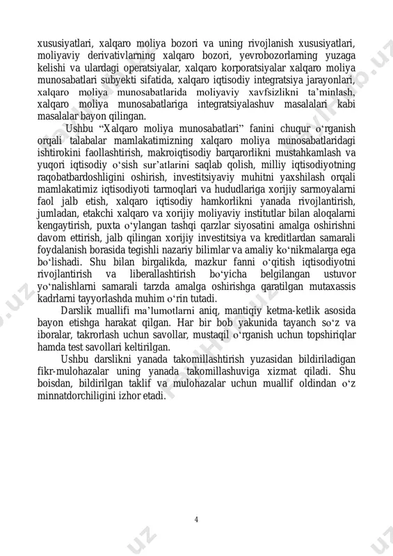 hirishga qaratilgan mutaxassis kadrlarni tayyorlashda muhim o‗rin tutadi. darslik muallifi ma‘lumotlarni aniq, mantiqiy ketma-ketlik asosida bayon etishga harakat qilgan. har bir bob yakunida tayanch so‗z va iboralar, takrorlash uchun savollar, mustaqil o‗rganish uchun topshiriqlar hamda test savollari keltirilgan. ushbu darslikni yanada takomillashtirish yuzasidan bildiriladigan fikr-mulohazalar uning yanada takomillashuviga xizmat qiladi. shu boisdan, bildirilgan taklif va mulohazalar uchun muallif oldindan o‗z minnatdorchiligini izhor etadi. 5 1-bob. xalqaro moliya munosabatlarining nazariy asoslari 1.1. xalqaro moliyaning iqtisodiy mohiyati, funktsiyalari va rivojlanish omillari. 1.2. jahon moliyaviy muhiti va unda xalqaro moliya munosabatlarining tutgan o‗rni. 1.3. milliy iqtisodiyot rivojlanishida xalqaro moliya munosabatlarining roli va ahamiyati. 1.1. xalqaro moliyaning iqtisodiy mohiyati, funktsiyalari va rivojlanish omillari xalqaro moliya – davlatlar, kompaniyalar, yuridik va jismoniy shaxslarning xalqaro iqtisodiy va boshqa faoliyatlarining barcha shakllarini amalga oshirish uchun zarur valyuta mablag‗larini shakllantirish va foydalanish bo‗yicha munosabatlari yig‗indisidir. xalqaro moliya – xalqaro moliyaviy resurslar majmuini va ularning harakatlanishini ifodalovchi tushuncha hisoblanadi. …