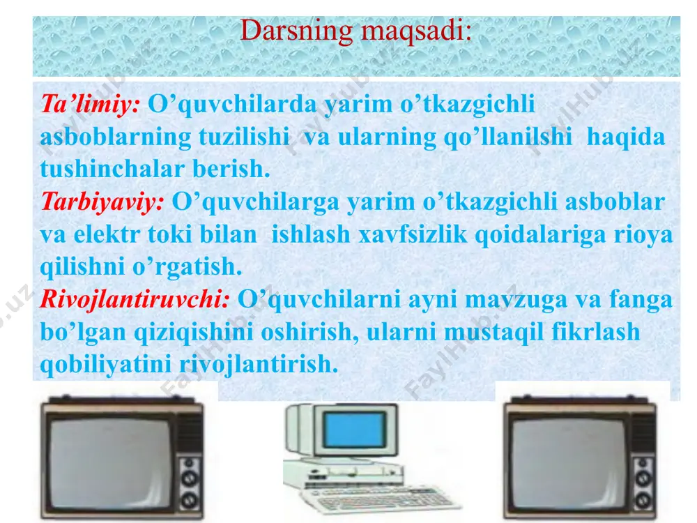 atijasida bu sohada dielektrik , berkituvchi qatlam hosil bo’ladi.bu soha elektronlarni p-sohaga ,kovaklarni n-sohaga o’tishiga qarshilik qiladi. n-sohani tok manbaning musbat qutbiga , p-sohani manfiy qutbiga ulansa,elektronlar musbat qutbga, kovaklar manfiy qutbga tomon tortilib ,berkituvchi qatlam kengayadi.natijada yarim o’tkazgichda deyarli tok o’tmaydi. bunday holat teskari p-n o’tish deb ataladi. 2.to’gri p-n o’tish. agar yarim o’tkazgichning p-sohasiga manbaning musbat qutbini,n-sohasiga manbaning manfiy qutbini ulasak,elektronlar n-sohadan itarilib p-sohaga tortiladi.kovaklar esa p-sohadan itarilib n-sohaga tortiladi.natijada berkituvchi qatlamtorayadi va undan tok o’tadi.bunday holatni to’g’ri p-n o’tish deb ataladi.yarim o’tkazgichlarda tok p-n o’tish tufayli bir tomonlama o’tkazuvchanlikka ega bo’ladi. uning bu xususiyatidan yarim o’tkazgichli asboblarda foydalaniladi. yarim o’tkazgichli diod va uning vax. bitta p-n o’tishga ega bo’lgan asbob yarim o’tkazgichli asbobga yarim o’tkazgichli diod deyiladi. yarim o’tkazgichli diodning asosiy vazifasi o’zgaruvchan tokni to’g’rilashdan iborat. tranzistor va uning vazifasi. mavzuni mustahkamlash. 1.integral mikrosxema haqida. 2.mikrochip haqida. 3.nanotexnologiya haqida. uyga vazifa. 44-mavzuni o’qib kelish. image1.emf image2.jpeg image3.png …