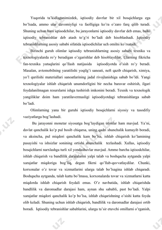 ularga ta’sir etuvchi omillarni o’rganish, iqtisodiy tebranishlar amplitudasini qisqartirish barcha hukumatlar makroiqtisodiy siyosatining muhim maqsadlaridan biridir. 2.ishsizlik, uning turlari va darajasi makroiqtisodiy nobarqarorlikni yuzaga kelish sabablaridan biri bu ishsizlik hisoblanadi. ishsizlik – bu mehnatga yaroqli aholini ish bilan band bo’lmaslik holatini aks ettiruvchi jarayon bo’lib, uning friktsion, strukturaviy, davriy ko’rinishlari mavjud. friktsion ishsizlik – bu ihtiyoriy ishsizlik bo’lib, bir ishdan boshqa ishga o’tish, yashash joyini o’zgartirish va boshqa shu kabi holatlar bilan bog’liq. ishsizlikning bu turi doimiydir. strukturaviy ishsizlik majburiy ishsizlik turi bo’lib, ishlab chiqarish jarayonida kasbiy mahoratning mos kelmasligiga va boshqa shu kabi sabablarga ko’ra ishchilarni qisqartirish hisobiga yuzaga keladi. bu ishsizlik turi ham doimiydir. friktsion va strukturaviy ishsizlik darajalari birgalikda ishsizlikning tabiiy darajasini ifodalaydi. ishsizlikning tabiiy darajasi – bu shunday holatki, unda ishsizlar soni bilan bo’sh ishchi o’rinlari bir-biriga mos keladi. ishsizlikning to’liq yoki tabiiy darajasi ishchi kuchi bozori muvozanatiga erishganda, ya’ni ish izlovchilar soni bo’sh ish o’rinlari …