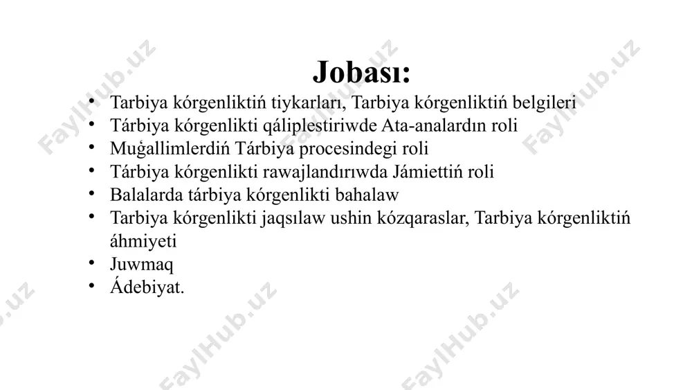 w qábiletine iye boladı. 2 hurmet hám miyrim-shápáát balalar úlkenler hám teńleslerine húrmet, miyrim-shápáát hám ǵamxorlıq kórsetiw, basqalardıń pikirlerin tıńlaw hám olardıń sezimlerin túsiniwge háreket etedi. 3 juwapkershilikler hám wazıypalar balalar óz wazıypaları hám juwapkershiliklerin óz moynına alıw, tapsırmalardı orınlaw, óz waqtın rejelestiriw hám basqalar menen birge islesiwdi úyrenedi. 4 jaqsılıq hám qayır-saqawat balalar jaqsılıq etiw, basqalarga járdem beriw hám qayırqomlıq isleri menen shuģıllanıw tilegin kórsetedi. 4 tárbiya kórgenlikti qáliplestiriwde ata-analardın roli 1 sóylesiw hám tıńlaw ata-analar balalar menen turaqlı pikirlesip, olardı tıńlaw, pikirlerin túsiniw hám óz ara húrmetli qatnasıqlardı qáliplestiriwge háreket etiwi kerek. 2 úlgi bolıw ata-analar ózleriniń is-háreketleri hám sózleri menen balalar ushın jaqsı úlgi bolıwı kerek. balalar úlkenlerdiń islegen islerin baqlap, úyrenedi. 3 qagıydalar hám shegara ata-analar balalar ushın anıq qaǵıydalar hám shegaralardı belgilewi, olarǵa qaǵıydalarǵa ámel etiwdi úyretiw hám minez-qulıq standartların túsindiriwge háreket etiwi kerek. 4 raǵbatlandırıw hám maqtaw ata-analar balalardıń jaqsı is-háreketlerin xoshametlew, olardıń tabısların …