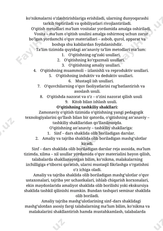 lash tamoyili. 3.fanlararo kompleks aloqalar tamoyili. 4.kasbga yo’naltirish tamoyili. 5.ta’lim mazmunini tanlashda ustivor va o’zgaruvchan (dinamik) qismlarga bo’lib tanlash tamoyili. 6.ta’lim mazmunini unifikatsiyalash va tabaqalashtirish tamoyili. o’qitish nazariyasi va xususiy ta’lim metodikasi. kasbiy mahoratni shakllantirishda xususiy ta’lim metodikasi alohida o’rinni egallaydi. nazariy bilimlarni turli mutaxassisliklarda qo’llay olish uchun o’sha mutaxassislikning o’ziga xos xususiyatlarini bilish lozim. xususiy ta’lim metodikasi kasbiy pedagogik ko’nikma va malakalar tizimini yaratadi, tanlangan mutaxassislik sohasida shakllantiradi. talabalar kerakli ishlab chiqarish tajribasiga, kasbiy mahoratga ega bo’ladilar. shuning uchun xususiy ta’lim metodikasini o’tishda o’qituvchi ishlab chiqarish jarayonining, mehnat faoliyatining, ishchilar vazifalarining tuzilishini, mazmunini, xarakterini aniq tasavvur etgan bo’lishi kerak. oliy, o’rta-maxsus va kasb-hunar ta’limida o’qitish va shaxs tarbiyasining o’zaro bog’liqligi. ta’lim jarayonining muvaffaqiyati talaba qarashlarining mazmuni bilan belgilanadi. talaba qarashlarini bilim tashkil etadi. biroq bilim e’tiqodga aylanishi uchun ta’lim va tarbiya uyg’unlikda amalga oshirilishi kerak. talabalarning bilimlarni puxta va chuqur egallashi demokratik dunyoqarash asoslarini tarkib toptirishning eng muhim yo’lidir. …