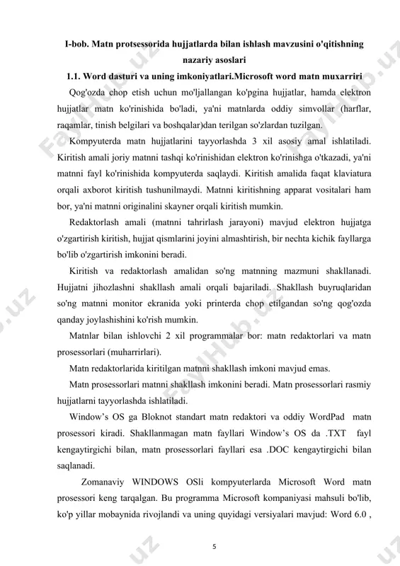 lar bilan ishlash menyusi. 1.1.создать - yangi hujjat yaratish. 1.2.открыть – diskdagi mavjud hujjatni yuklaydi, bu buyruq ishga tushirilganda "открытие документа" oynasi ochiladi, oynadan kerakli hujjat tanlab olinadi. 1.3.закрыть- joriy hujjatni yopadi. 1.4.сохранить– joriy hujjatni diskka yozish(saqlash). agar hujjat yangi bo'lsa, hujjat saqlanadigan papka, hujjat nomi va formati ko'rsatilishi kerak. 1.5.сохранить как- joriy hujjatni boshqa papkaga yoki diskga, boshqa nom yoki formatda yozish (saqlash). 1.6.сохранить все - word matn muxarririda ochilgan hamma oynadagi hujjatlarni diskka yozish. 1.7. свойства – joriy hujjat haqida axborot olish va shu axborotlarni uzgartirish. 1.8.пaрaмeтры страницы – varaq sahifalarining- ko'rinishini izohlash. bunda xoshiyalarni, varaq o'lchamini va boshqa parametrlarni ko'rsatish mumkin. 1.9. предварительный просмотр- hujjatni printerga chop etishga yuborishdan avval qog'ozdagi ko'rinishini ekranda ko'rish. 1.10. печать - hujjatni printerga chop etish uchun yuborish. bunda printerni, varaqlar raqamini, nusxalar sonini ko'rsatish mumkin. 1.11. bundan oldingi ish seansda ishlatilgan hujjatlar ro'yxati. shu ro'yxatdan hujjat nomini tanlab hujjatlarni tez ochish …