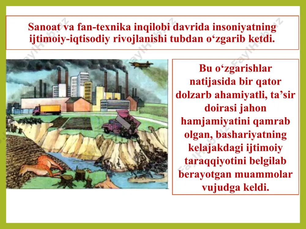 nadi. shuningdek, sust rivojlangan mamlakatlarning ijtimoiy-iqtisodiy qoloqligi va qashshoqligi ham muhim muammolardan hisoblanadi hozirgi kunda oziq-ovqat muammosi ham ko‘plab rivojlanayotgan mamlakatlar uchun dolzarb hisoblanadi. bu muammoning mohiyati dunyoda jami 1,2 milliardga yaqin odamlar yetarli darajada ozuqa moddalarni iste’mol qila olmayotganligi, u yoki bu darajada ocharchilikka duch kelganidan iborat. energetika muammosi ham dolzarb global muammolaridan biri bo‘lib, uning mohiyati jahon energetika balansining aksariyat qismi tugaydigan energiya manbalariga to‘g‘ri kelishi bilan tavsiflanadi. ya’ni, mineral yoqilg‘i resurslari (neft, tabiiy gaz, ko‘mir, slanes, torf) zaxiralarining kamayishi yoki ularni qazib olish tannarxining ancha ko‘tarilishi, aholi va ishlab chiqarishning energiyaga bo‘lgan ehtiyojlari orasidagi tafovut bilan bog‘liq muammoni yuzaga keltiradi. xulosa bu muammoning yechimi, ko‘pchilik mutaxassislar fikricha, asosan ikkita yo‘nalishdagi harakatlar bilan bog‘liq: energiyani tejaydigan texnologiyalarning amaliyotga keng joriy etilishi bilan.