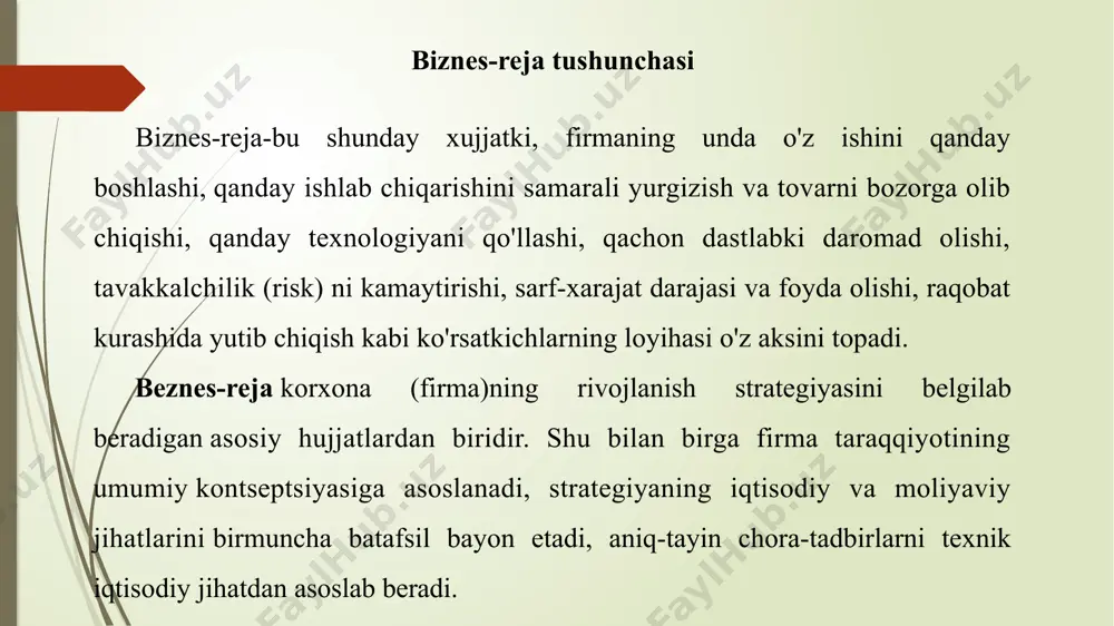 maqsadlaringiz, va bu maqsadga erishish uchun kerakli strategiyalarni belgilash; biznes loyihangizni boshqalarga (bank, sarmoyadorlar, hamkorlar va h.k.) tushuntirib berish 2. nima haqida yozishingizni o’ylab reja tuzib oling rejangizning asosiy bo’limlari ro’yxatini tuzib oling, yoki diagrammalar yordamida muhim fikrlaringizni qisqa qilib qog’ozga tushiring. asosiysi bular o’zingiz uchun tushunarli bo’lsa biznes rejangizni yozish jarayoni o’zingizga osonlashadi. 3.o’zingiz haqingizda ma’lumot bering. kim siz, o’ylagan biznesingizni amalga oshirish uchun sizda qanday imkoniyatlar bor, ta’lim va malakangiz haqida bildiring. 4.mahsulot yoki xizmatingiz nima ekanligini ta’riflab, tushuntirib bering mijozlaringizga sizning mahsulot yoki xizmatingizdan nima foyda borligi, mahsulot/xizmatingizning o’ziga hos jihatlari, ishlab chiqarish jarayoni va hokazolar. 5.haridor/mijozingiz kimligini belgilab bering nimaga aynan shu turdagi mijozlar bozorini tanlaganingizni tushuntiring. keltirgan sabablaringizni o’z shaxsiy tajribangiz yoki qilingan izlanishlar va tadqiqot natijalari bilan dastaklang. 6.mahsulotingizning o’ziga xos va boshqalardan ajralib turuvchi jihatlari nimaga mijozlaringiz boshqa raqobatchilaringizning emas sizning mahsulot yoki xizmatingizni sotib olishi kerakligi haqida yozing. sizning narhlaringiz boshqalardan arzonroqmi, …