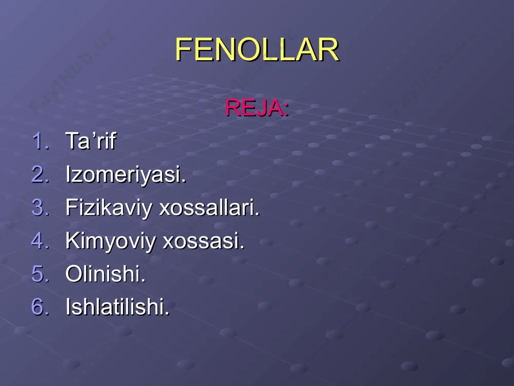 dastlab gidroxinon, so’ngra benzoxinon hosil bo’ladi 1.spirtlarga o`xshab aktiv metallar bilan ta`sirlashganda vodorod ajralib chiqadi: 2c6h5 oh+2na 2c6h5 o na+h2 2 kuchsiz kislatali xossaga ega bo`lganligi uchun spirtlardan farqli ravishda ishqorlar bilan ta`sirlashib, fenolyat va suv hosil qiladi: c6h5oh+naoh c6h5ona+h2o 3 fenol benzol yadrosi hisobiga ham reaksiyaga kirishadi, halqaning 2 –,4- va 6 – uglerodlaridagi vodorod atomlari binzoldagiga nisbatan oson almashinadi: c6h5oh+3br2 h2o br br oh +3hbr br 1 benzoldan olish : a) c6h5+ cl2 fecl3,alcl3 c6h5cl+hcl b) c6h5cl+naoh с6h5oh+nacl h3c-ch-ch3 +o2 h2so4 oh +ch3-co-ch3 v) g) c6h5n2cl+ hoh c6h5oh+n2+hcl olinishi. tabiatda fenollar asosan toshko’mir tarkibida uchraydi. shu sababli fenol va uning gamaloglari toshkomir smolasi haydalganda hosil bo’ladigan ikkinchi franksiya (qoramoy fraksiyasi) n ishqorlar bilan qayta ishlab fenoliyatlarga aylantirilib, ularni kislotalar bilan qayta ishlanib olinadi. fenolni olishning sintetik usuli – kumol usulidir. kumol – izopropil benzol bo’lib undan fenol olish juda qulaydir. bunda avval benzol propilen bilan birikib kumolaga aylanadi. …