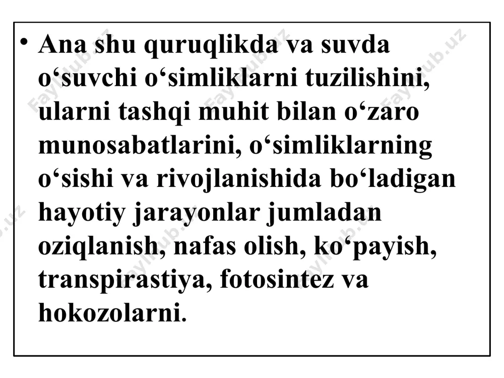 iy bo‘limlari. botanika fani bir-biri bilan uzviy bog‘liq bo‘lgan quyidagi bo‘limlarni o‘z ichiga oladi 1.o‘simliklar morfologiyasi. 6. ekologiya. 2.o‘simliklar anatomiyasi. 7.o‘simliklar sistematikasi. 3.o‘simliklar fiziologiyasi. 8.o‘simliklar geografiyasi. 4.biokimiyoviy. 9.fitosenologiya 5. embriologiya. 10.paleobotanika bulardan tashqari o‘simliklarni kompleks o‘rganadigan yana bir qancha xususiy bo‘limlar ham bor. masalan: bakteriyalarni o‘rganadigan bakteriologiya, suv o‘tlari bilan shug‘ullanadigan algologiya, zamburug‘lar haqidagi mikologiya. daraxt va butalarni o‘rganadigan dendrologiya shular jumlasidandir. o‘simliklar insonlar hayotida muhim rol o‘ynaydi. yashil o‘simliklar barcha tirik organizmlarni kislorod bilan ta’minlaydi. ular anorganik moddalarni organik moddalarga aylantiradi. o‘simliklar va hayvonlar o‘rtasidagi asosiy farq ularning oziqlanishidadir. ma’lumki, hayvonlar (geterotrof o‘simliklar singari) tayyor organik modda hisobiga oziqlanadi o‘simliklar esa yuqorida aytilganidek fotosintez jarayonida organik moddalar hosil qiladi. deyarli hamma o‘simliklar ko‘payishida sporalar hosil qiladi. hayvonlarda esa bu xususiyat juda kamdan - kam uchraydi. tuban o‘simliklarni hayvonlardan keskin ajratuvchi boshqa belgilari deyarli yo‘q. ayniqsa, dastlabki paydo bo‘lgan tuban o‘simliklarni hayvonlardan ajratish ancha mushkul. o‘simliklarning sezuvchanligi. ayrim o‘simliklarda sezish …