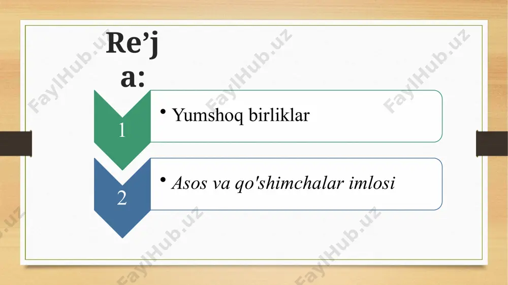 aqil yoki yasama bo‘lishi mumkin. mustaqil asos: yoz (yozuvchi, yozdim) yasama asos: o‘qit- (o‘qituvchi, o‘qitish) ✅ qoidalar: asos o‘zgarmas shaklda qoladi: yashil + lik = yashillik ba’zi so‘zlarda tovush o‘zgarishi sodir bo‘lishi mumkin: kitob + im = kitobim qo‘shimchalarning imlo qoidalari qo‘shimchalar imlosi ba’zi o‘ziga xos qoidalarga asoslanadi: 1) unli tovush bilan tugagan so‘zga qo‘shimcha qo‘shilishi yashil + lik → yashillik o‘quv + chi → o‘quvchi suv + lik → suvlik ✅ qoidalar: aksar so‘zlar o‘zining asl shaklini saqlaydi. ba’zi so‘zlarda unli va undosh tovushlar o‘zgarishi mumkin. 2) undosh tovush bilan tugagan so‘zga qo‘shimcha qo‘shilishi daraxt + lar → daraxtlar qalam + im → qalamim kitob + da → kitobda ✅ qoidalar: “p, t, k” tovushlari o‘zgarishi mumkin: kitob + chi = kitobchi “g, q” tovushlari ba’zi hollarda “g‘, k” shakliga o‘tishi mumkin: buloq + dan = buloqdan 3) o‘zlashma so‘zlarga qo‘shimcha qo‘shilishi teatr + da → teatrda trenyor + …