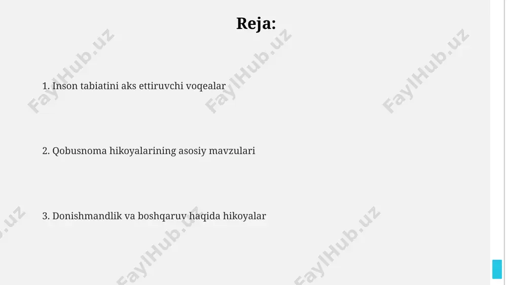 i orqali muammolarning hal etilishi va jamiyatdagi tinchlikning saqlanishi tasvirlangan. qobusnomadagi 7 dan ortiq donishmand shohlarning hikoyalari adolatli hukmronlikning ahamiyatini va uning jamiyatdagi o'rnini ta'kidlaydi. adolatli shohlarning hukmronligi davridagi xalqning farovonligi va davlatning rivojlanishi, 3 ta asosiy omil: adolat, donish va saxovatga bog'liq ekanligini ko'rsatib beradi. hayot va o'lim falsafasi kitobda 30 dan ortiq hikoya orqali hayotning mo'rtligi va o'limning muqarrarligi ta'kidlanadi, bu esa o'z navbatida insonni adolat va ezgulikka chorlaydi. qobusnoma hayotning qisqa muddatliligi (taxminan 70 yil) va undan keyingi abadiy hayotning muhimligini 12 ta masal orqali ta'kidlaydi. "qobusnoma"dagi 7 ta hikmatli so'z bilan ifodalangan hayot va o'lim falsafasi insonni o'z hayoti va o'limi haqida chuqur o'ylashga undaydi. qobusnoma hikoyalarining umumiy tavsifi qobusnomaning hikoyalari o'quvchi uchun hayot darslari va amaliy maslahatlar beradi, ularning strukturasi sodda va tushunarli bo'lib, xalq og'zaki ijodining elementlarini aks ettiradi. kitobdagi hikoyalar insoniy fazilatlar, adolat, donolik va boshqaruv san'ati kabi mavzularda bir necha turdagi adabiy …