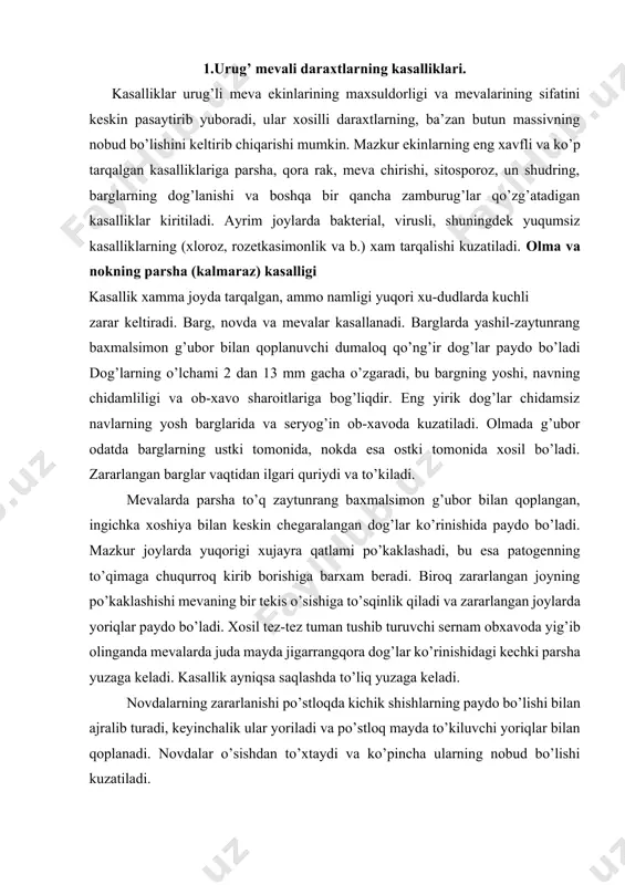 sernam obxavoda yig’ib olinganda mevalarda juda mayda jigarrangqora dog’lar ko’rinishidagi kechki parsha yuzaga keladi. kasallik ayniqsa saqlashda to’liq yuzaga keladi. novdalarning zararlanishi po’stloqda kichik shishlarning paydo bo’lishi bilan ajralib turadi, keyinchalik ular yoriladi va po’stloq mayda to’kiluvchi yoriqlar bilan qoplanadi. novdalar o’sishdan to’xtaydi va ko’pincha ularning nobud bo’lishi kuzatiladi. parsha ko’pincha gul, mevabandi va bargbandida xam rivojlanadi, bu barglar va tugunchalarning vaqtidan ilgari to’kilib ketishini keltirib chiqaradi. ba’zan olmada parsha kurtak qobiqlarida xam uchraydi. kasallik qo’zg’atuvchisi – dothideales tartibiga mansub xaltali zamburug’lar: olmada – venturiainaequaliswint., nokda – ventu-ria pirina aderh. morfologik jixatdan mazkur zamburug’lar bir-biridan deyarli farqlanmaydi, ammo biologik xususiyatlari jixatidan ular tor ixtisoslashgan, ya’ni oziqlanadigan o’simligiga moslashgan. shu bois olma parshasi nokni, nokniki esa olmani zararlamaydi. parsha qo’zg’atuvchisining xaltali davri baxorda qishlab chiqqan zararlangan barglarda xosil bo’ladi. barg mezofillasi-ning zararlangan joyi atrofida kuzdayoq ko’p sonli o’tkir tuk-chalar bilan qoplangan, og’izcha orqali yuzaga chiqib turuvchi psevdotetsiylar shakllanadi. odatda xar bir …