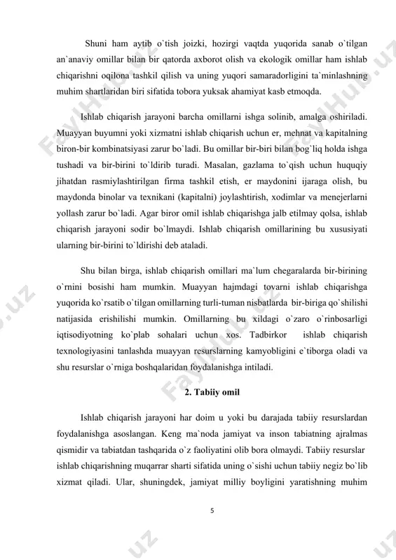 ligidir. u bitmas-tuganmas xazina bo`lib, kelgusi avlodlarga ham qoladigan asosiy merosdir. shuningdek, yer qishloq xo`jaligining asosiy ishlab chiqarish vositasi hamdir. yerga ikki jihatdan, birinchidan, hudud, ikkinchidan, tirikchilik manbai, o`simlik va hayvonot dunyosi hayoti uchun zarur bo`lgan tuproq, inson uchun oziq-ovqat, sanoat uchun xomashyo etishtirib beradigan ekin maydonlari sifatida qarash lozim. o`zbekistonning yer resurslari xilma-xil. qizilqum va boshqa cho`llarda cho`l-qum tuproqlari katta maydonni egallaydi. bunday tuproqlar asosan qumdan iborat bo`lib, zich qatlam hosil qilmaydi, chirindi (gumus) qismi 1 foizga ham etmaydi. o`zbekistonning tekislik qismidagi cho`l zonasida sur-qo`ng`ir, cho`l-qum, taqir tuproqli yerlar uchraydi. respublikamiz umumiy yer maydonining 5 million gektardan ortiqrog`i dehqonchilikda foydalaniladi. bu asosan sug`oriladigan va lalmi yerlardir. qolgan qismi yaylov va ozroq qismi tog` va o`rmonlardan iborat. sug`oriladigan yerlarning katta qismi farg`ona va zarafshon vodiylari va amudaryoning quyi oqimini egallagan. lalmi erlarninng katta maydonlari qashqadaryo, samarqand, toshkent va jizzax viloyatlarida joylashgan. o`zbekistonning suv resurslari daryolar, sel oqimi, kanallar, ko`l va …