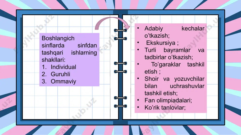 ppt/notesslides/notesslide22.xml ppt/slidelayouts/_rels/slidelayout1.xml.rels ppt/slidelayouts/_rels/slidelayout2.xml.rels ppt/slidelayouts/_rels/slidelayout3.xml.rels ppt/slidelayouts/_rels/slidelayout4.xml.rels ppt/slidelayouts/_rels/slidelayout5.xml.rels ppt/slidelayouts/_rels/slidelayout6.xml.rels ppt/slidelayouts/_rels/slidelayout7.xml.rels ppt/slidelayouts/_rels/slidelayout8.xml.rels ppt/slidelayouts/_rels/slidelayout9.xml.rels ppt/notesmasters/notesmaster1.xml ppt/fonts/font1.fntdata ppt/fonts/font2.fntdata ppt/fonts/font3.fntdata ppt/fonts/font4.fntdata ppt/fonts/font5.fntdata ppt/fonts/font6.fntdata ppt/notesmasters/_rels/notesmaster1.xml.rels ppt/theme/theme1.xml ppt/media/image28.png ppt/theme/theme2.xml ppt/media/image1.png ppt/media/image2.png ppt/media/image5.png ppt/media/image8.png ppt/media/image10.png ppt/media/image14.png ppt/media/image16.png ppt/media/image17.png ppt/media/image18.png ppt/media/image19.png ppt/media/image20.png ppt/media/image21.png ppt/media/image25.jpg ppt/media/image26.png ppt/media/image27.png ppt/media/image37.png ppt/presprops.xml ppt/viewprops.xml ppt/tablestyles.xml docprops/core.xml docprops/app.xml ppt/media/image11.png ppt/media/image12.png ppt/media/image13.png ppt/media/image15.png ppt/media/image22.png ppt/media/image23.png ppt/media/image24.png ppt/media/image29.png ppt/media/image3.png ppt/media/image30.png ppt/media/image31.png ppt/media/image32.png ppt/media/image33.png ppt/media/image34.png ppt/media/image35.png ppt/media/image36.png ppt/media/image4.png ppt/media/image6.png ppt/media/image7.png ppt/media/image9.png [content_types].xml _rels/.rels docprops/custom.xml sinfdan tashqari faoliyat turlari ,, ilm - xazinadir . uning kaliti esa so’rashdir ’’. boshlangich sinflarda sinfdan tashqari ishlar oquvchilarning qiziqishi , istaklari , xohish va ehtiyojlariga suyangan holda ularning darsdan bo’sh vaqtlarida o’quv-tarbiya jarayonini toldiradi . u o’quvchilarning ijodiy qobiliyatlarini , tashabbuskorligani oshi