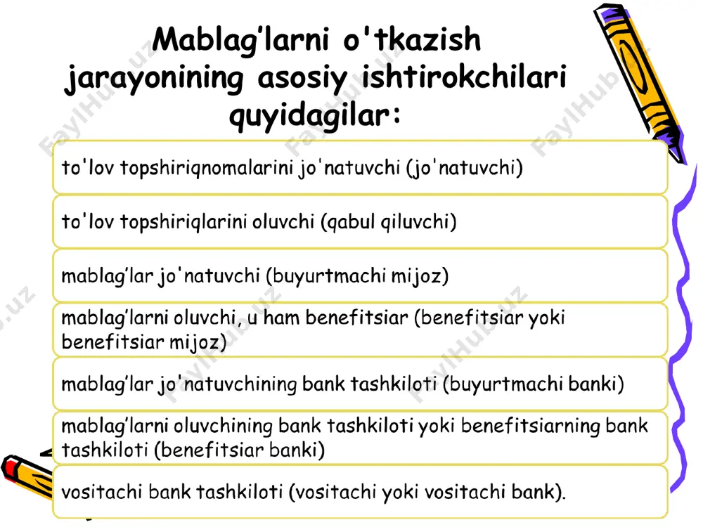 . shu bilan birga, jo'natuvchi ushbu uchinchi bankka xabar yuboradi, unda u kalitni boshqa bank uchun ishlatganligi haqida xabar beradi. benefitsiarning banki, o'z navbatida, to'lov “tugallangan” bankka so'rov yuboradi, so'rovda kalitning to'g'riligini tasdiqlash so'rovi mavjud. ijobiy javob olingandan so'ng, to'g'ridan-to'g'ri to'lov topshirig'ini bajarish mumkin. agar autentifikatsiya protsedurasi tugallangan bo'lsa, to'lovni to'lashni kutmasdan to'g'ridan-to'g'ri to'lovni amalga oshirish mumkin. yuboruvchi bank summalar va qiymat sanalarining mos kelishi va to'lovning muvaffaqiyatli yakunlanishi uchun javobgardir. ammo amalda ko'plab banklar birinchi navbatda bo’nak to’langunga qadar kutishadi va shundan keyingina to'g'ridan-to'g'ri to'lovlar amalga oshiriladi. to'lov usullarining afzalliklari va kamchiliklari birinchi usul kamroq vaqt talab etadi, chunki faqat bitta to'lov topshirig'i talab qilinadi. ushbu usulda buyurtmani tuzish jarayonida xato qilish ehtimoli past bo'ladi. ushbu usul operatsiya xarajatlari haqida to'liq aniq, chunki korrespondentlarning tariflari har qanday holatda ham oldindan ma'lumligi bilan farqlanadi. bundan tashqari, bu eng oddiy usul bo'lib, uning mohiyati barcha to'lov tafsilotlarini korrespondentga o'tkazilishidadir. ikkinchi usul …