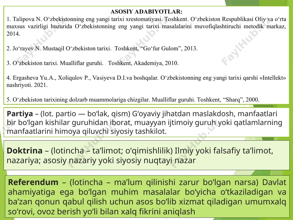 moddasi demokratik tamoyillar va o‘zbekiston respublikasining konstitutsiyasining uchinchi tamoyili – davlat hokimiyatining uch tarmoqqa bo‘linishi nuqtayi nazaridan o‘zbekiston davlat hokimiyati tizimi qonun chiqaruvchi, ijro etuvchi va sud hokimiyatlariga bo‘linishi qonunlashtirildi. prezident har uchala hokimiyat faoliyatini muvofiqlashtiruvchi mustaqil organ hisoblanadi o‘zbek parlamentarizmi tarixiga nazar solsak, 1990–1994-yillarda mamlakatimiz parlamenti oliy kengash nomi bilan atalib, 150 deputatdan iborat edi. 1995–2004-yillarda oliy majlis nomi bilan atalgan 250 deputatdan iborat bir palatali parlament shakllantirildi 2005-yildan boshlab mamlakatimiz tarixida ilk bor o‘zbekiston respublikasi oliy majlisi ikki palatadan – qonunchilik palatasi (quyi palata) va senatdan (yuqori palata) iborat tarzda ish boshladi. prezident tomonidan tayinlanadigan 16 nafar elyurtda obro‘-e’tibor qozongan kishilar senatning a’zosi bo‘lishadi parlamentda 250 kishi, jumladan quyi palata – qonunchilik palatasida 150 deputat senatda 100 nafar senator faoliyat ko‘rsatadi senatga qoraqalpog‘iston respublikasi, viloyatlar va toshkent shahridan 6 nafardan, jami 84 kishi saylanadi o‘zbekiston respublikasining konstitutsiyasining xx bobida o‘zbekiston respublikasi vazirlar mahkamasining konstitutsiyaviy-huquqiy maqomi, uning tashkil etilishi, …
