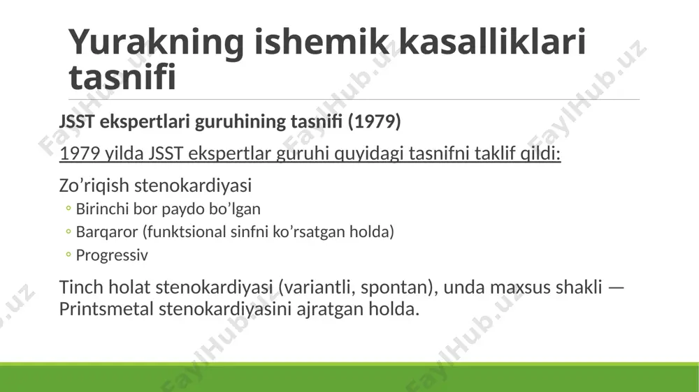 yetishmasligi tufayli rivojlanadi. o’tkir koronar yetishmovchilik natijasi miokard infarkti sanaladi, u miokardda oksidlovchi jarayonlarning buzilishi va oksidlanmay qolgan modda almashinuvi mahsulotlari (sut, pirouzum, ko’mir va fosfor kislotasi) va boshqa metabolitlarning ortiqcha to’planib qolishini chaqiradi. stenokardiyaning eng keng tarqalgan sababi — koroner arteriya aterosklerozidir. kamdan-kam hollarda stenokardiya infektsion va infektsion-allergik shikastlanishlar oqibatida rivojlanadi. stenokardiya xurujlarini hissiy va jismoniy zo’riqish provkatsiya qiladi. stenokardiya alomatlari va belgilari stenokardiyada bemorlarning aksariyati ko’krak sohasida diskomfort yoki og’riq his qilishadi. diskomfort odatda bosuvchi, g’ijimlovchi, kuydiruvchi tabiatli bo’ladi. ko’pincha bunday bemorlar diskomfort maydonini tasvirlashga urinib, ko’kragiga musht yoki ochiq kaftni qo’yadilar. ko’pincha og’riq chap yelka va chap qo’lning ichki yuzasiga, bo’yinga tarqaladi; kamroq hollarda — chap tarafdagi tishlar, jag’, kuraklar orasiga, shuningdek epigastral sohaga, bunga dipeptik buzilishlar ham hamrohlik qilishi mumkin (jig’ildon qaynashi, ko’ngil aynishi, kolikalar). juda kam hollarda og’riq faqat epigastral sohada yoki hatto bosh sohasida lokalizatsiyalanishi mumkin, bu tashxis qo’yishni juda qiyinlashtiradi. stenokardiya xurujlari odatda …