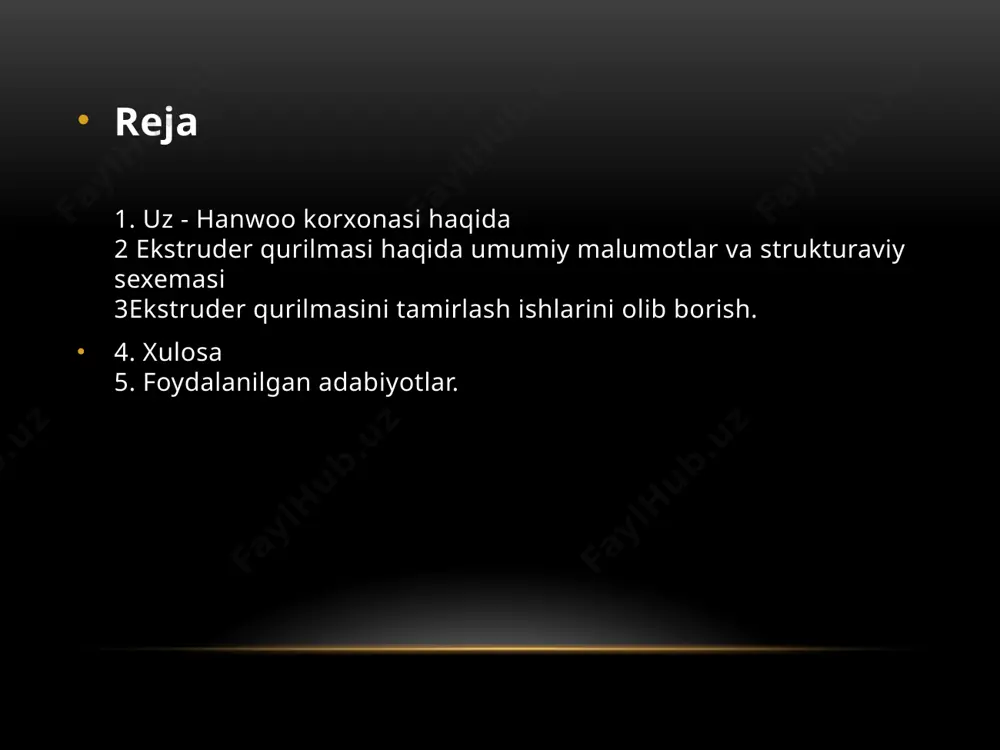 ing markazi bilan birgalikda 1 yil davomida tayyorgarlik olib bordi. sertifikat auditi uchun buyuk britaniyaning iatf akkreditsiyasiga tegishli urs “united registrar of systems ltd.” sohaga ega yoaj “yurs rus” sertifikatlash organi tanlandi. birinshi sertifikasion audit 2012- yil davomida tayinlandi va audit natijalariga ko‘ra shu yilning 26- noyabr kuni “uz-hanwoo” ko‘shma korxonasiga iso/ts 16949:2009 xamda iso 9001:2008 xalkaro sertifikati takdim etilibdi. ekstruder qurilmasi ekstruderlash jarayoni turli sanoat sohalarida, ayniqsa plastik sanoatida keng qo'llaniladi. ekstruderlar materiallarni yuqori bosim va harorat ta'sirida shakllantirish uchun ishlatiladi. ushbu jarayonni amalga oshirish uchun elektr energiyasi zarur, va energiyaning samarali ishlatilishi sanoatning rentabelligini va ekologik xavfsizligini oshirishda muhim ahamiyatga ega. ekstruderning energiya samaradorligi uning ishlash samaradorligini aniqlashda asosiy omil bo'lib, ishlab chiqarish jarayonining umumiy xarajatlarini kamaytirishga yordam beradi. ushbu tezisda ekstruderning energiya samaradorligini oshirish uchun elektr yuritmalarini loyihalash usullari ko'rib chiqiladi. ekstruderning energiya samaradorligini aniqlash ekstruderning energiya samaradorligini baholash uchun asosiy mezonlar quyidagilardan iborat: ekstruderning ishlash jarayonida …