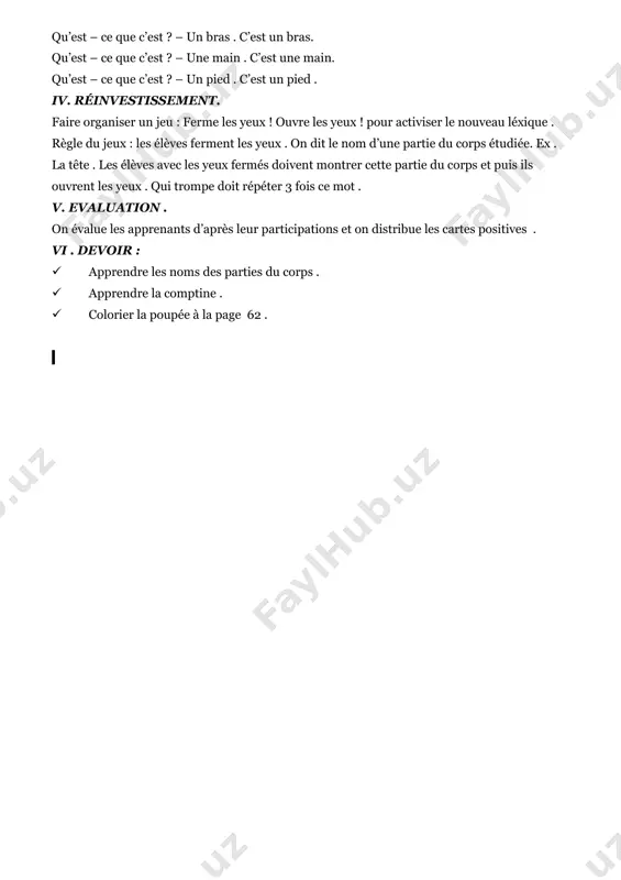1-sinf fransuz tili fanidan bir soatlik dars ishlanma. parties du corps - Page 4