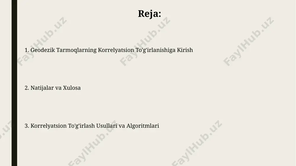 shlar, masalan, 0,9 dan yuqori bo'lsa, geodezik tarmoqni mustahkamlashda qo'shimcha ma'lumotlar sifatida ishlatilishi mumkin va xatolarni kamaytiradi. matematik modellar geodezik tarmoqlarni korrelyatsion moslashtirishda qo'llaniladigan matematik modellarning aniqligi, kuzatuvlar soniga va ularning aniqligiga bog'liq bo'lib, odatda 3-5 mm dan oshmaydi. stoxastik modellardan foydalanish, masalan, kovariatsion matritsalar yordamida, kuzatuv xatolarining statistik taqsimotini hisobga olib, moslashtirishning ishonchliligini 10-15% ga oshiradi. xulosa va tavsiyalar katta hajmdagi geodezik tarmoqlarni qayta hisoblashda, 3000 dan ortiq nuqtalar uchun parallel hisoblash algoritmlarini qo'llash samaradorlikni sezilarli darajada oshiradi. tuzatilgan geodezik tarmoqning mustahkamligi va ishonchliligini baholashda, 95% ishonch oralig'ida koeffitsiyentlarning standart xatosi 0.01 dan kam bo'lishi kerak. adjustement usullari ko'p sonli parametrlar bilan (1000 dan ortiq nuqta) geodezik tarmoqlarni moslashtirishda iterativ usullar, masalan, gauss-nyuton metodi samaraliroq hisoblanadi. geodezik tarmoqlarni moslashtirishda eng kam kvadratlar usuli keng qo'llaniladi, bu yerda kuzatishlar orasidagi o'rtacha kvadrat xato 2-3 mm dan oshmasligi kerak. geodezik tarmoqlarning korrelyatsion moslashuvi korrelyatsion moslashuv jarayonida, 5 dan ortiq iteratsiya bajarilganda, …