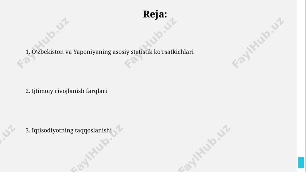 ga hissasi katta. oʻzbekiston va yaponiyaning ishsizlik darajasi toshkent va tokio kabi yirik shaharlarda ishsizlik darajasi respublika va mamlakat oʻrtacha koʻrsatkichlaridan past boʻlishi kuzatiladi, ammo qishloq joylarida bu farq sezilarli darajada yuqori. oʻzbekistonda 2023-yilning birinchi choragida ishsizlik darajasi rasman 9,0% ni tashkil etgan boʻlsa, yaponiyada bu koʻrsatkich ancha past — 2,6% atrofida qayd etilgan. oʻzbekiston va yaponiyaning ijtimoiy tengsizlik darajasi oʻzbekistonda aholining kambagʻallik chegarasidan past yashaydigan qismi yaponiyaga nisbatan ancha yuqori, taxminan 10% ga yaqin, yaponiyada esa bu koʻrsatkich ancha past va 1% dan kam. oʻzbekistonda gini koeffitsiyenti 2021-yilda taxminan 36 foizni tashkil etgan boʻlsa, yaponiyada bu koeffitsiyent ancha past boʻlib, 32 foiz atrofida qayd etilgan, bu ikki davlat oʻrtasidagi ijtimoiy tengsizlik farqini koʻrsatadi. oʻzbekiston va yaponiyaning davlat qarzi oʻzbekistonning davlat qarzi yaponiyaga nisbatan ancha past boʻlsa-da, qarzni boshqarish va uning iqtisodiy oʻsishga taʼsirini kamaytirish boʻyicha strategiya ishlab chiqish muhim ahamiyat kasb etadi. oʻzbekistonning tashqi davlat qarzi 2022-yil oxirida yalpi …