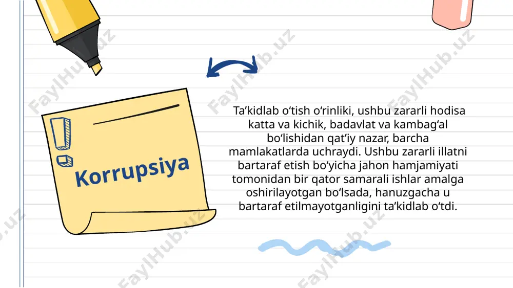 zida nazoratni kuchaytiruvchi tuzilmalar (har xil ichki inspeksiyalar va boshqa nazorat organlari tuzish orqali) yaratishni taqazo etadi. bu tuzilmaning asosiy vazifasi xodimlarning ichki etiket qoidalariga rioya qilishini nazorat qilishdir. hozirgi kunda bizning yurtimizda ham bir qator huquqni muhofaza qilish organlarida aynan shu vazifani bajaruvchi ichki tuzilmalar yaratilgan. tashqi nazorat — bu usulda ijro apparatidan mustaqil tuzilmalarning mustaqilligini oshirish nazarda tutilib, aynan ushbu tuzilmalar orqali korrupsiyaga qarshi samarali kurash olib boriladi. ya’ni, sud hokimiyatining maksimal darajada mustaqilligiga erishish ommaviy axborot vositalariga ko‘proq erkinlik berish va h.k.saylov tizimi orqali kurashish — demokratik davlatlarda saylangan vakillarni korrupsiya uchun jazolashning asosiy usullaridan biri keyingi saylovlarda unga ovoz bermaslik hisoblanadi. korrupsiyaga saylovlar orqali ta’sir o‘tkazish eng samarali usul hisoblanadi. korrupsiyaga qarshi kurashda yuqori natijalarga erishgan shvetsiya, singapur, gonkong, portugaliya kabi davlatlarning tajribasini o‘rganish shuni ko‘rsatadiki, korrupsiyani yuzaga keltiruvchi omillarni bartaraf etish korrupsiyaga qarshi kurashda muhim o‘rin egallaydi. bunda konstitutsiyaviy nazorat organlari, huquq-tartibot organlarining ahamiyati ortadi.ya’ni, …