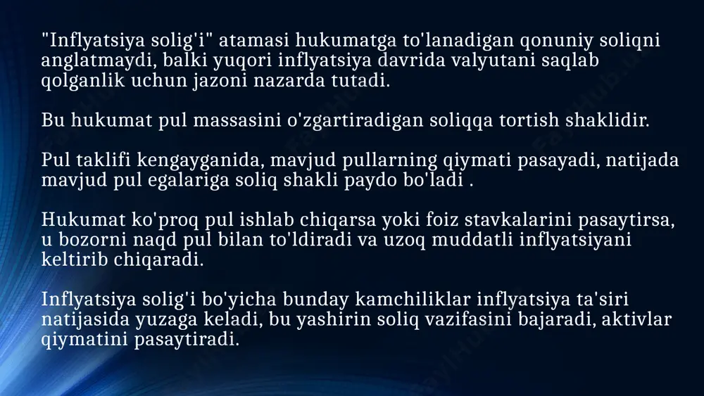 berishingiz kerak edi. agar siz telefonni inflyatsiya boshlanishidan oldin sotib olgan bo'lsangiz, 100 dollar tejagan bo'lar edingiz. asosan, o‘tgan yili telefon sotib olmaganingiz uchun “jarima” sifatida qo‘shimcha 100 dollar to‘lagansiz. nima uchun inflyatsiya solig'i mavjud? chunki hukumatlar inflyatsiyani keltirib chiqarish uchun pul chop etganda, ular odatda ko'proq real daromad olishlari va qarzlarining haqiqiy qiymatini pasaytirishlari sababli undan foyda oladilar. inflyatsiya, shuningdek, soliq stavkalarini rasman oshirmasdan ham hukumatga o'z moliyasini muvozanatlashda yordam berishi mumkin. inflyatsiya solig'i soliq stavkalarini oshirishdan ko'ra yashirish osonroq bo'lgan siyosiy foydaga ega. tasavvur qiling, sizda 100 dollar bor. agar hukumat pulga muhtoj bo'lsa va sizdan soliq solmoqchi bo'lsa, ular sizdan soliq olib, hisobingizdan 25 dollarni olib tashlashi mumkin. sizda 75 dollar qoladi. ammo, agar hukumat bu pulni zudlik bilan olishni istasa va sizni soliqqa tortish bilan bog'liq qiyinchiliklarni boshdan kechirishni istamasa, ular o'rniga ko'proq pul chop etishadi. bu nima qiladi? bu muomalada bo'lgan ko'proq pul taklifiga olib …