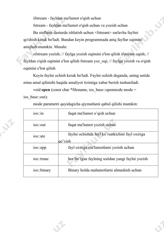 fayl ko’rsatkichini fayl oxiriga qo’yish ios::app fayl oxiriga ma'lumotlami yozish uchun ios::trunc bor bo’lgan faylning ustidan yangi faylni yozish ios::binary binary holda malumotlarni almashish uchun har bir sinf uchun mode parametrining odatiy qiymatlari mavjud: class default mode parameter ofstream ios::out ifstream ios::in fstream ios::in | ios::out fayl ustida o'qish yoki yozish amalini bajarib bo'lgandan song, faylni yopish kerak bo’ladi. faylni yopish uchun close funksiyadi ishlatiladi. masalan: yozish.close(); oqish.close(); matnli faylga ma'lumot yozish #include #include using namespace std; int main () { ofstream yozish ("namuna.txt"); // faylga yozish oqimini hosil qilish yozish.open("namuna.txt") ; // yangi namuna.txt nomli fayl hosil qilinadi. // agar namuna.txt fayli oldindan bo’lsa, // uning eski qiymatlari o'chiriladi // va yangi fayl hosil qilinadi yozish using namespace std; int main () { ifstream oqish; // fayldan o'qish oqimini hosil qilish string satr; oqish.open("namuna.txt") ; // faylni ochishda xatolik sodir bo'lsa if (!oqish.is_open()) { cout using namespace std; int …