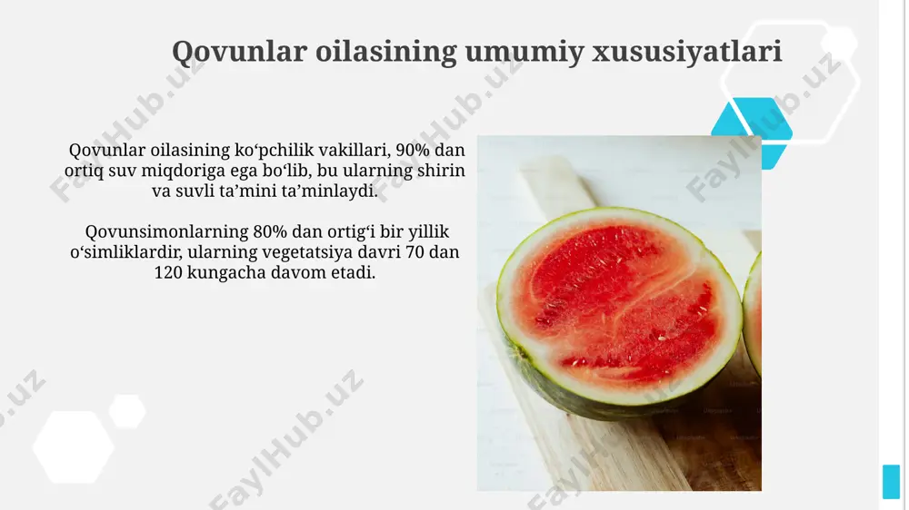 borat boʻlib, organizmni suv bilan ta’minlashda muhim rol oʻynaydi, shuningdek, ularning tarkibida kam miqdordagi kaloriya mavjud. bodringning terisi vitamin k va antioksidantlarga boy boʻlib, teri salomatligini yaxshilashda muhim ahamiyatga ega. taxminan 100 gramm bodringda kunlik k vitaminining 10% ni olish mumkin. e'tiboringiz uchun rahmat @taqdimot_robot image1.jpg image2.jpg image3.jpg image4.jpg image5.jpg image6.jpg image7.jpg image8.jpg image9.jpg image10.jpg image11.jpg image12.jpg image13.jpg image14.jpg image15.jpg image16.jpg image17.jpg